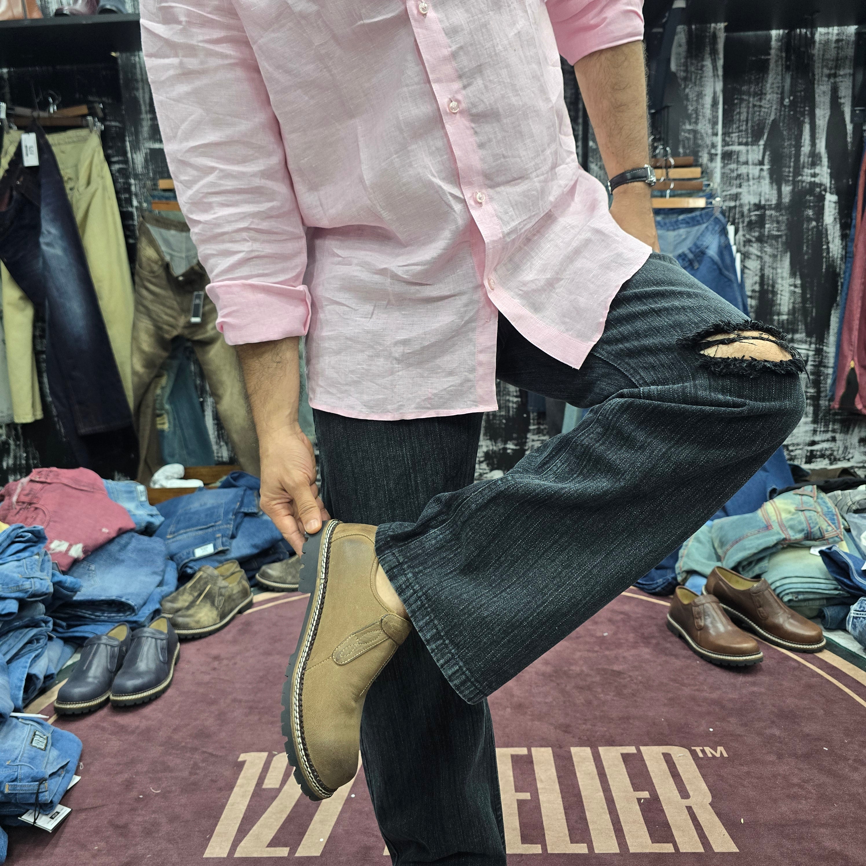 Charcoal Slub Bootcut Jeans with Distressed Knees