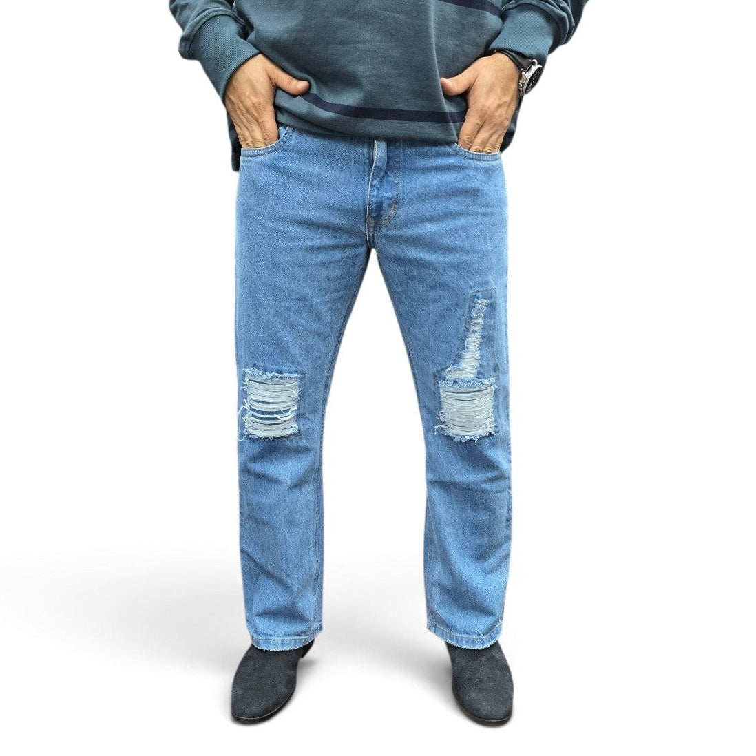 Straight Fit Distressed Jeans In Light Blue Wash