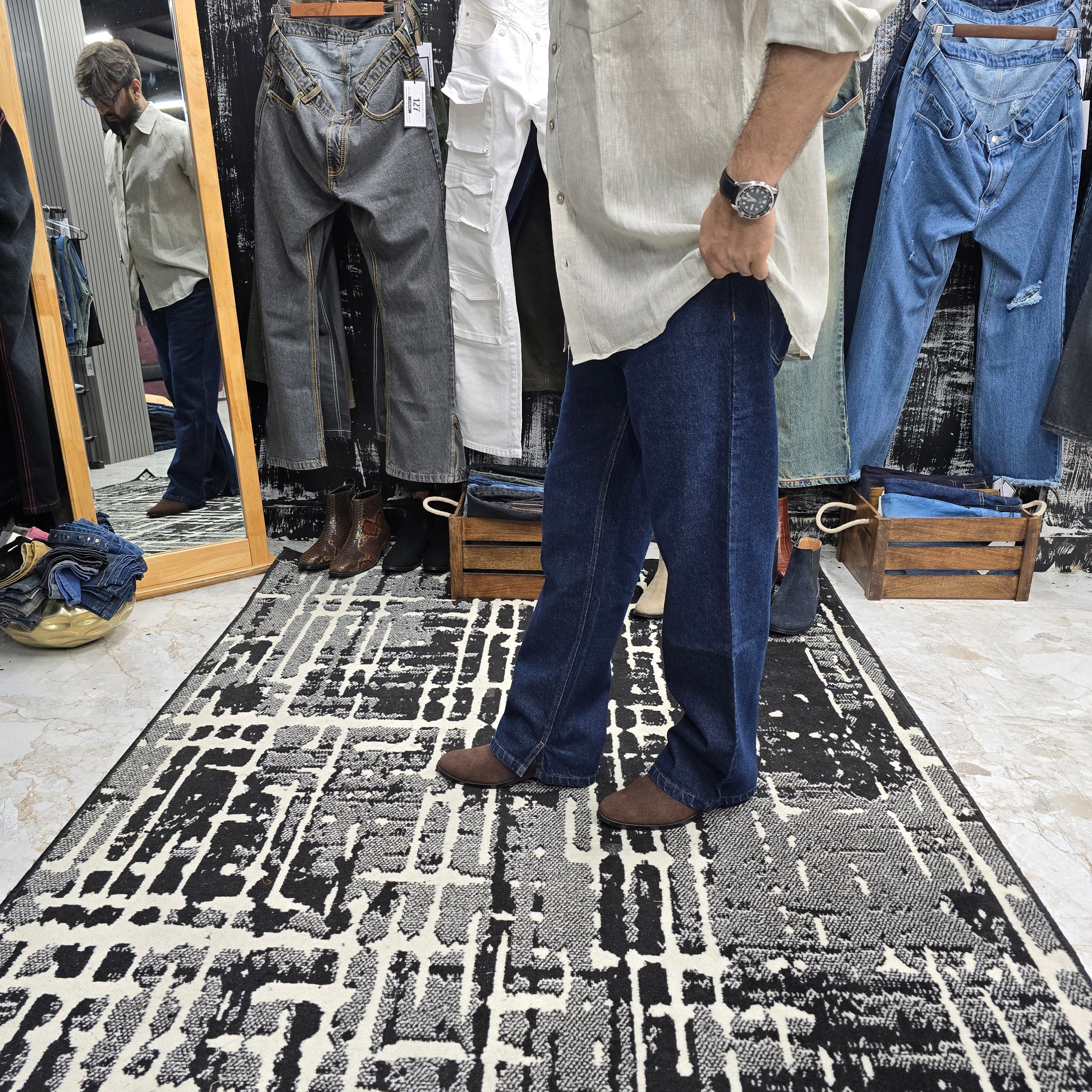 Midnight Raw Straight Wide-Leg Jeans with Inner Side Slit