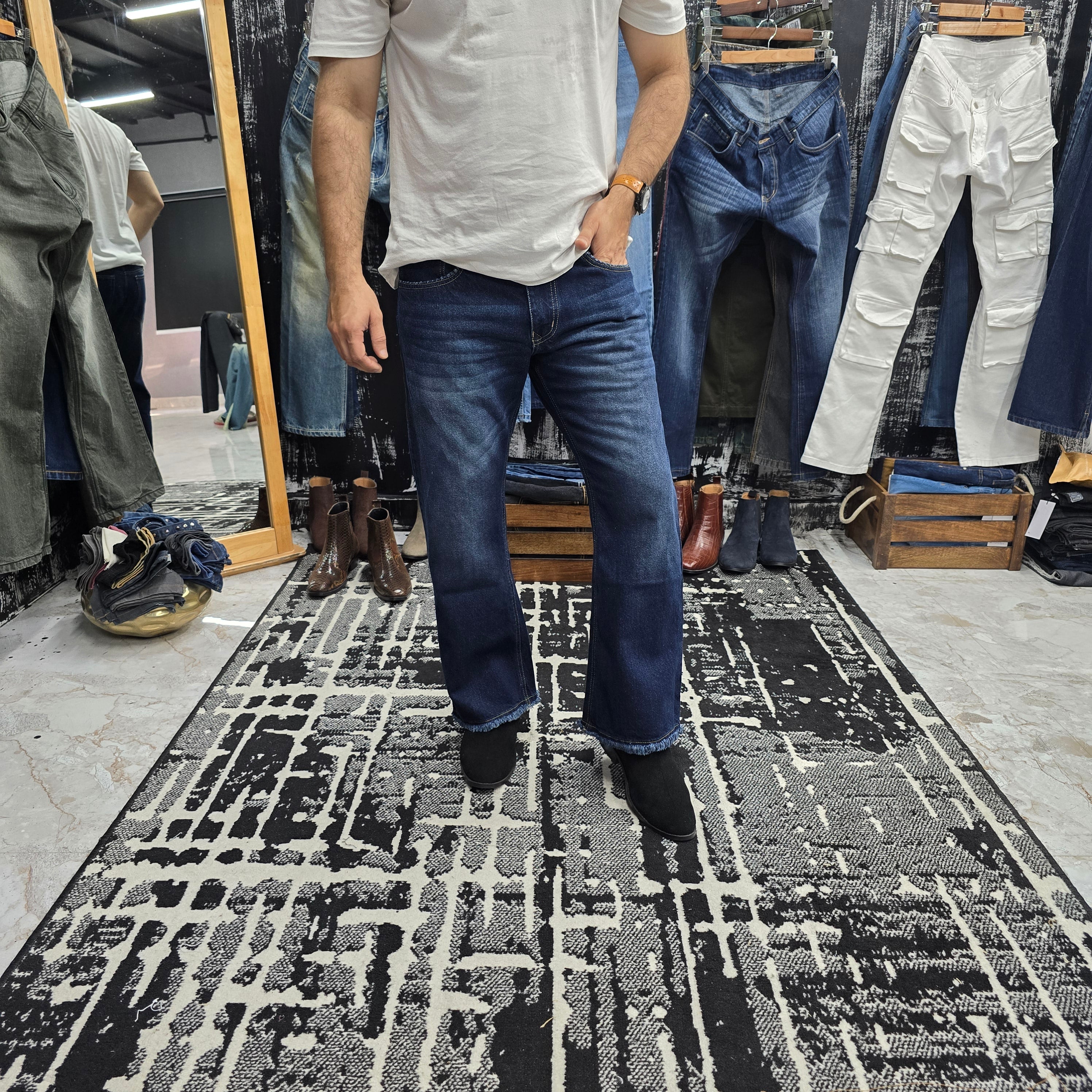 Midnight Indigo Semi Bootcut Jeans With Raw Hem Edition