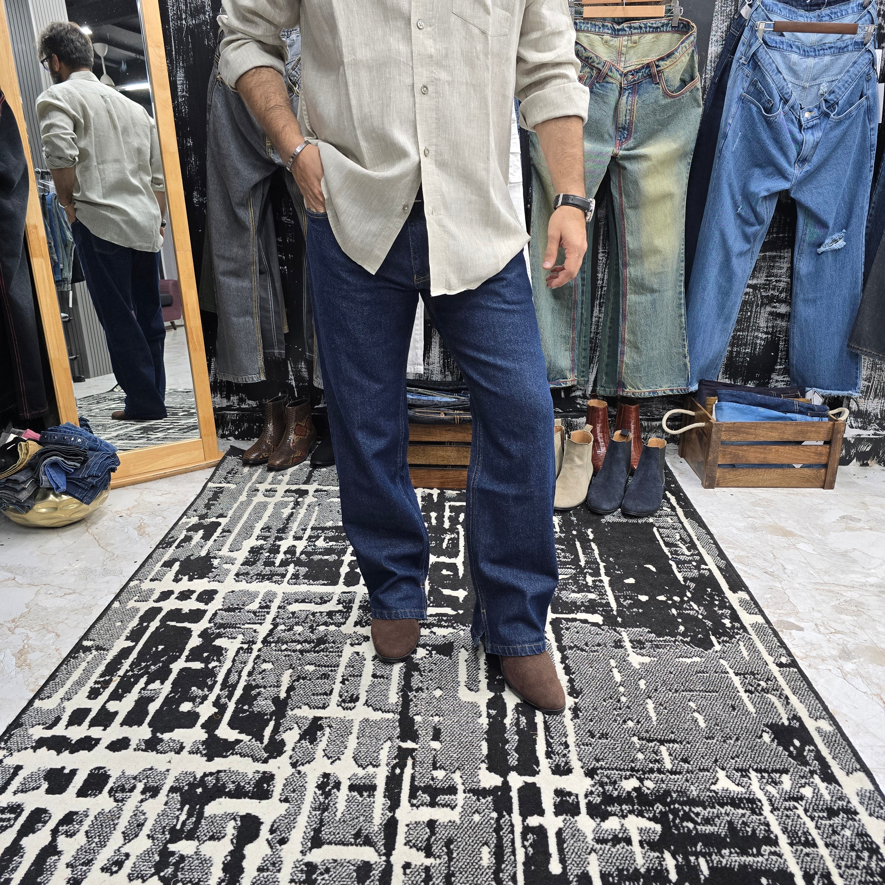 Midnight Raw Straight Wide-Leg Jeans with Inner Side Slit