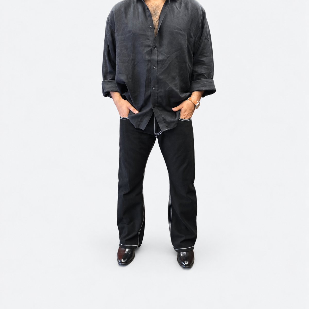 Jet Black Contrast Stitch Bootcut Jeans