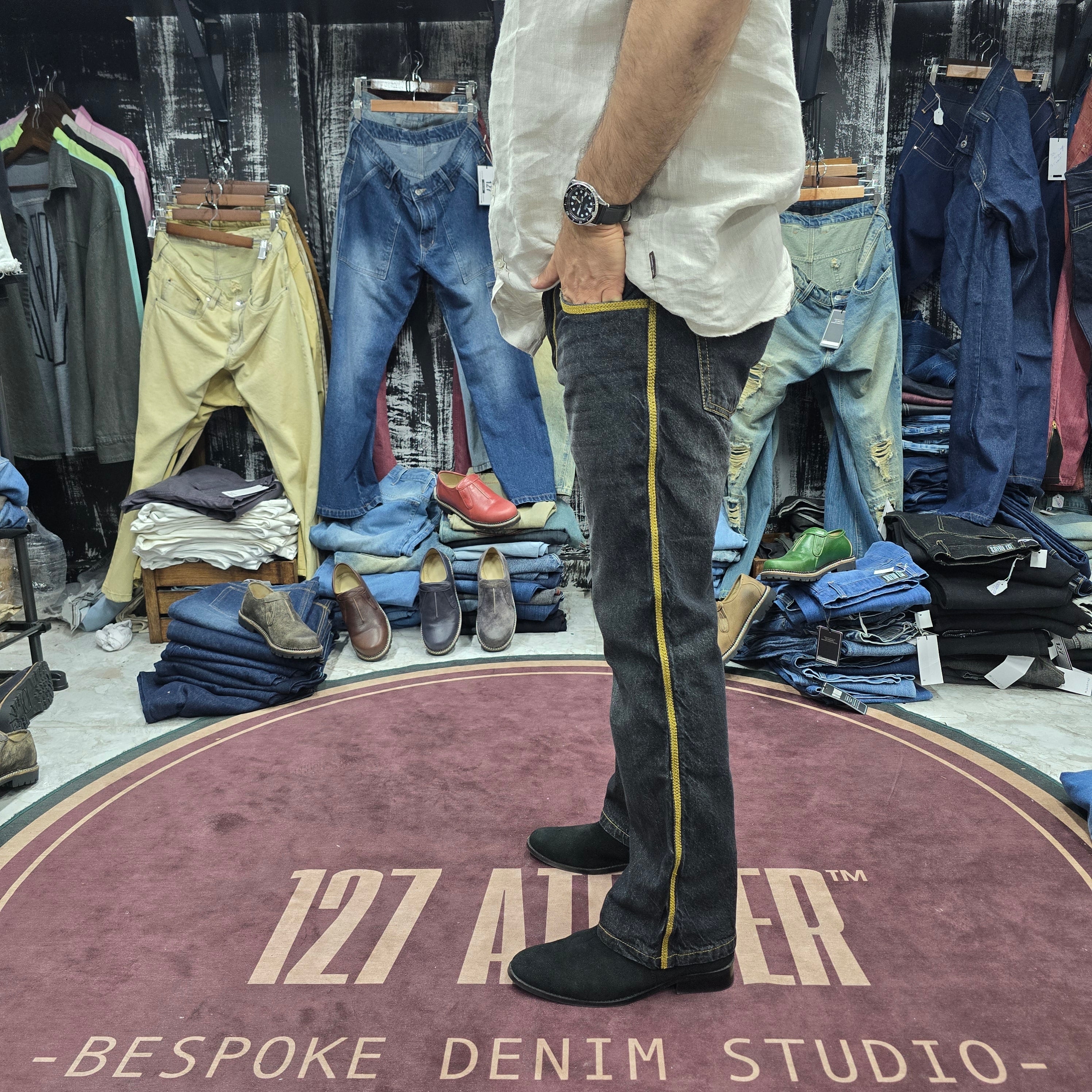 Charcoal Side Stripe Embroidered Straight cut Jeans