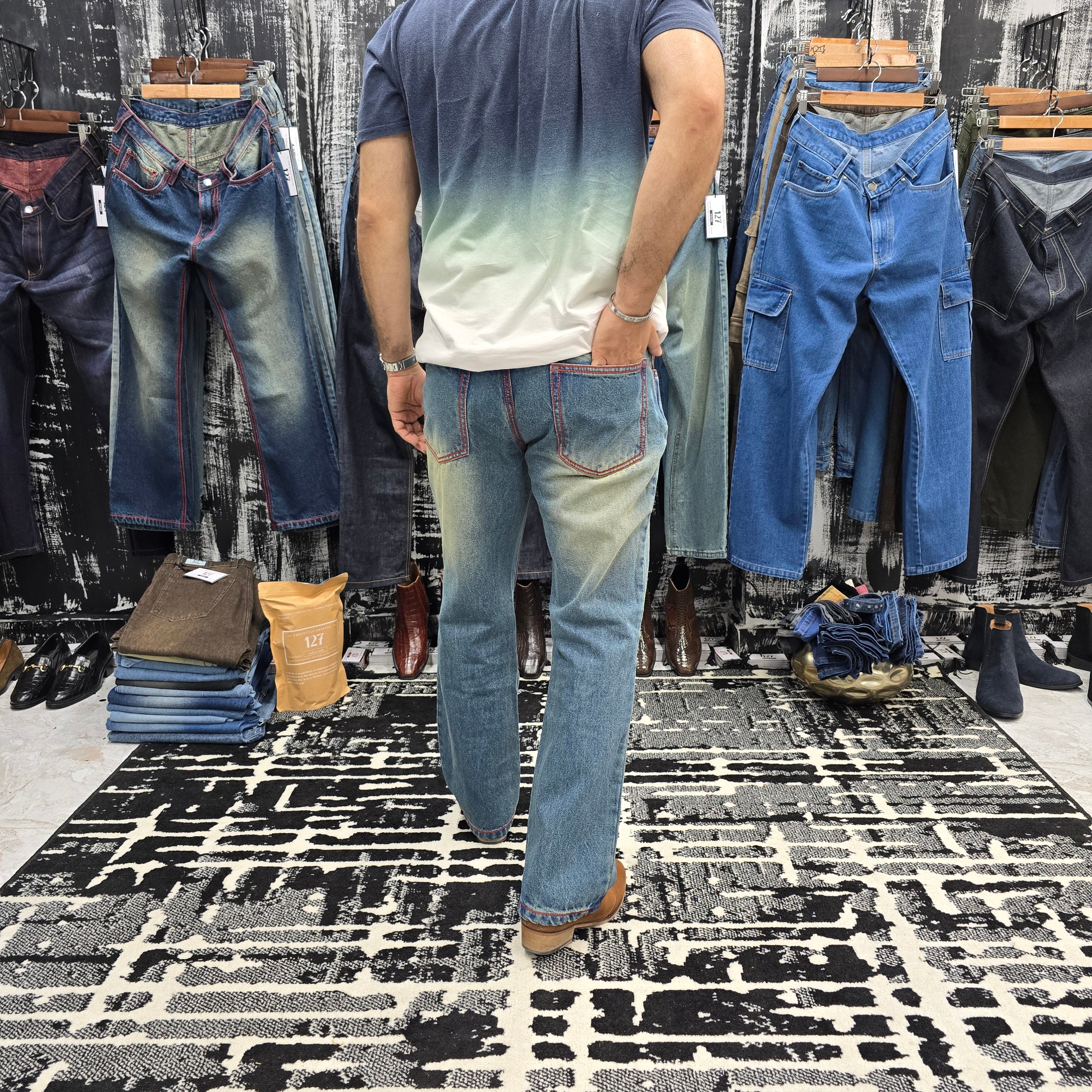 Vintage Ice Blue Semi Bootcut Jeans With Contrast Stitch Edition