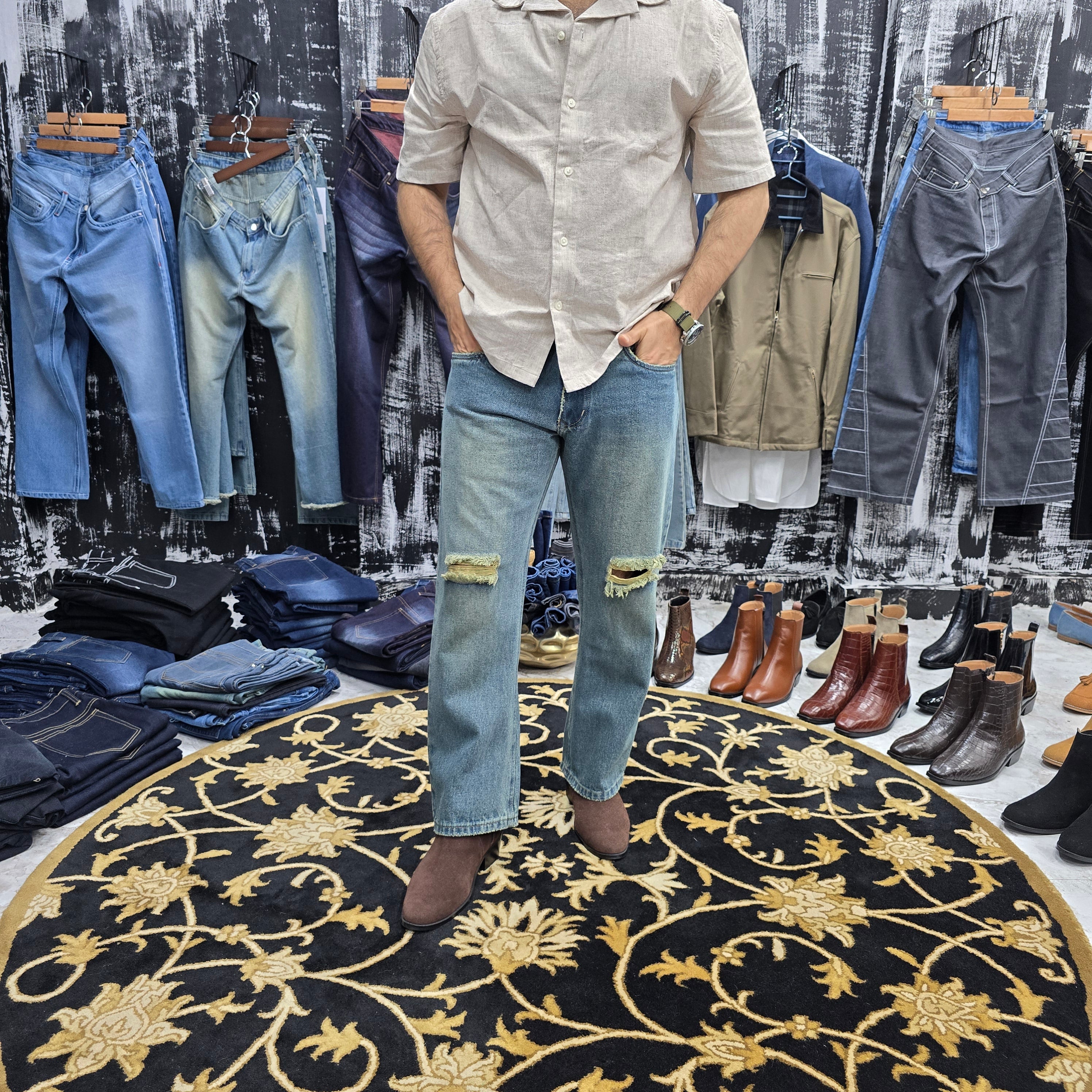 Vintage Fade Ripped Straight Jeans