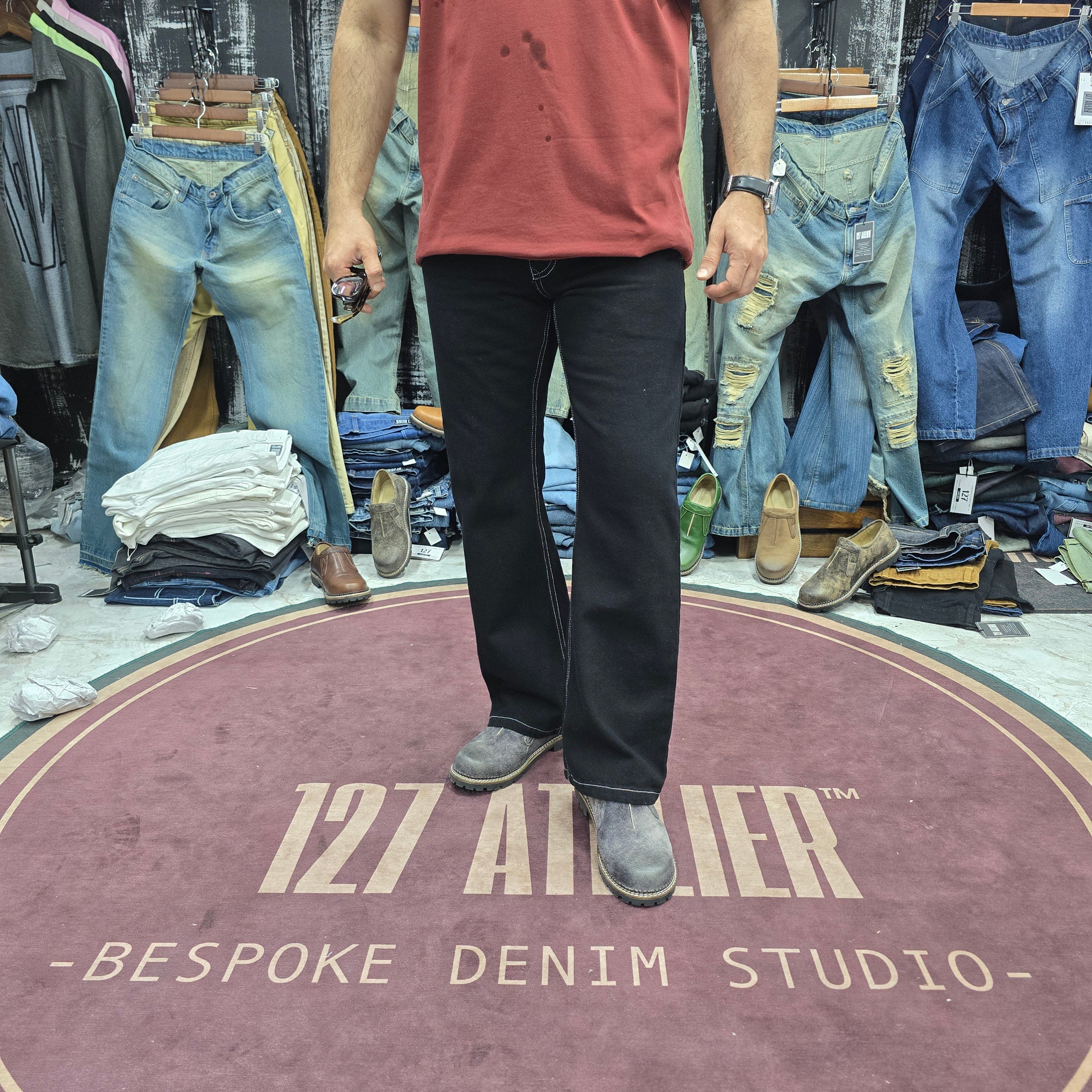 Jet Black Semi Bootcut Jeans With White Contrast Stitching