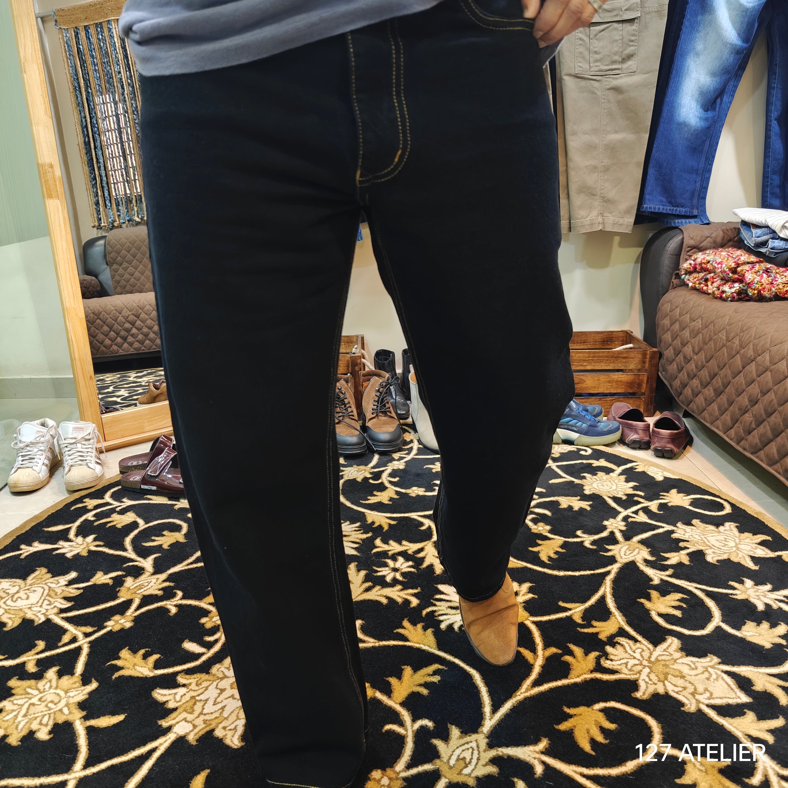Jet Black Semi Bootcut Jeans With Contrast Stitch Edition