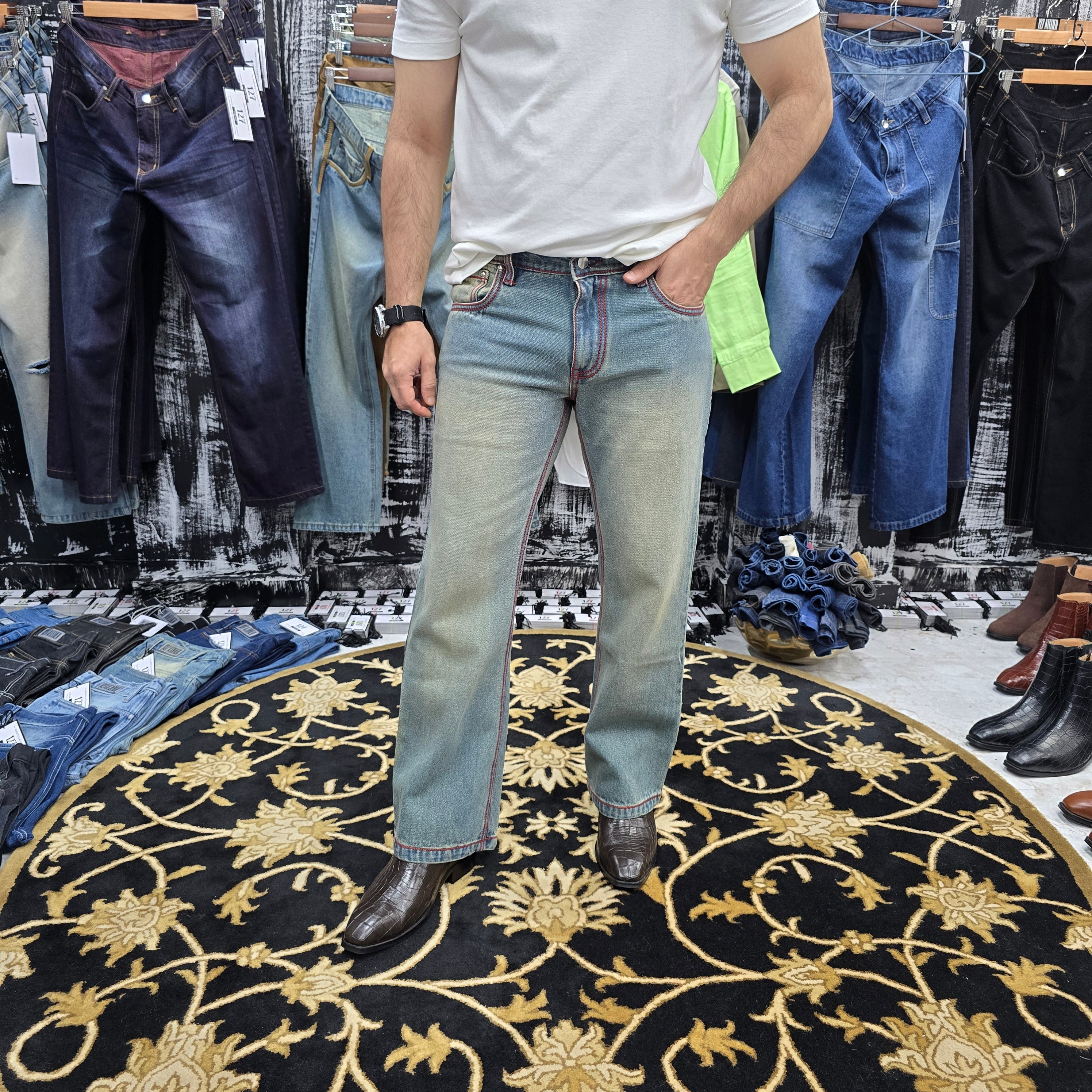 Vintage Ice Blue Bootcut Jeans With Red Contrast Stitch Edition