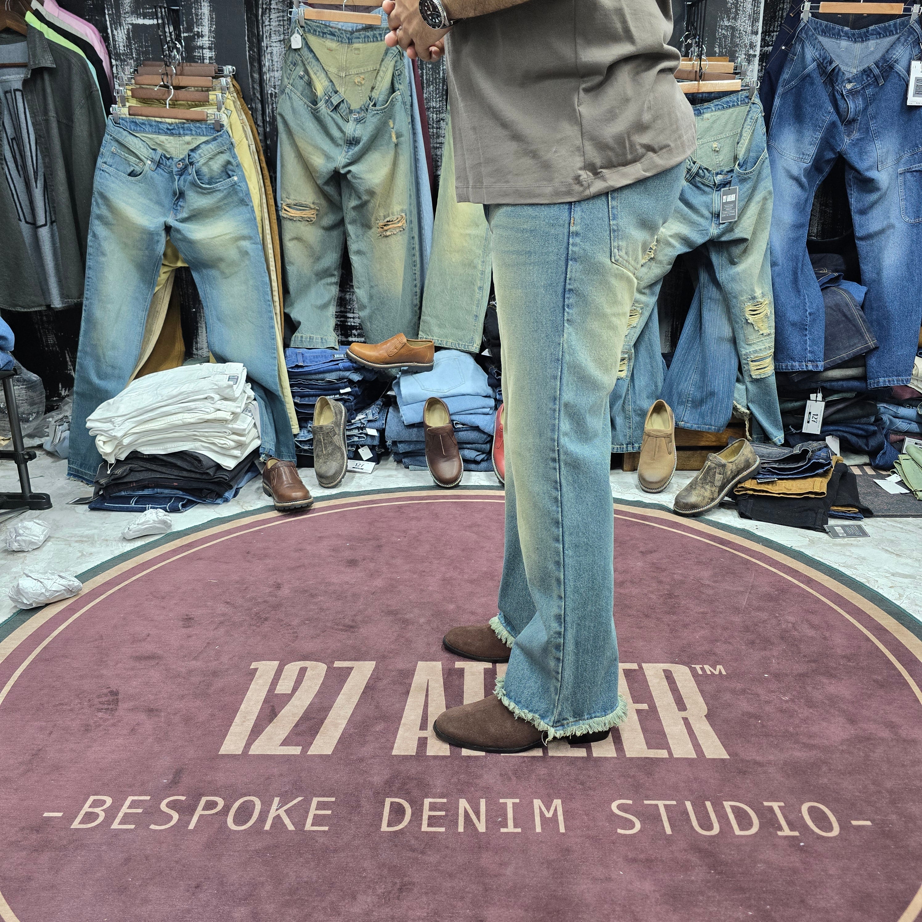 Vintage Light Blue Semi Bootcut Jeans With Rugged Frayed Hem