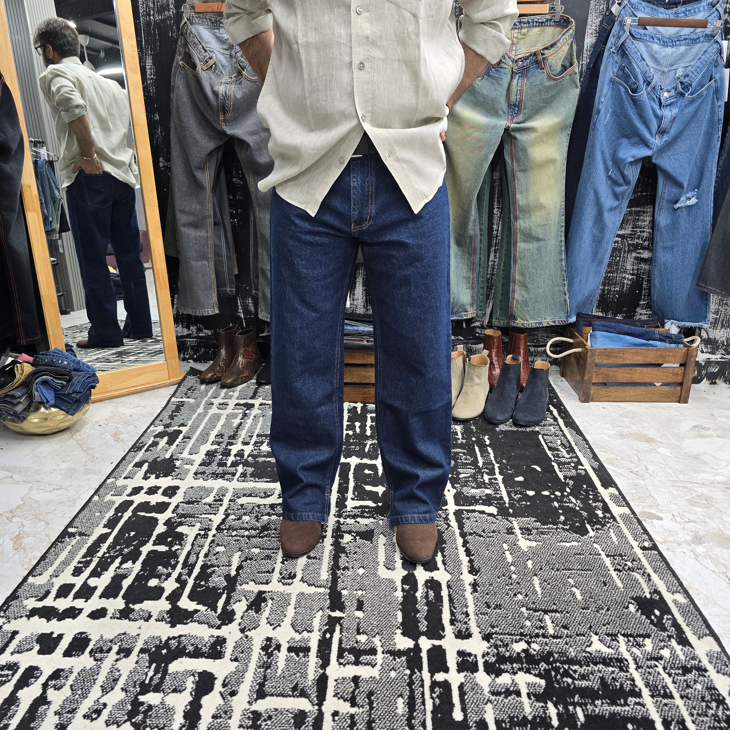 Midnight Raw Straight Wide-Leg Jeans with Inner Side Slit