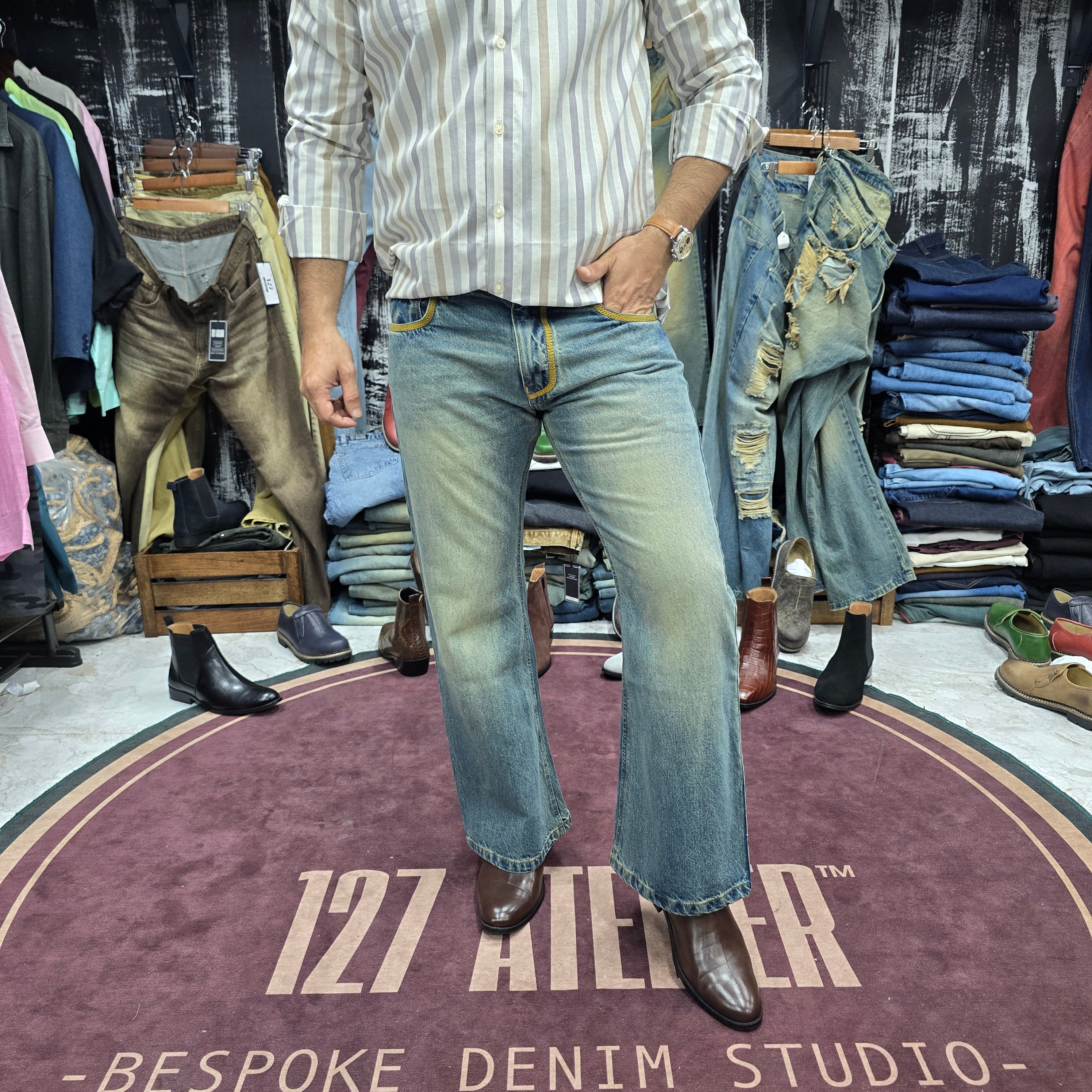 Dirty Blue Flared Bootcut Jean with Hand-Stitched Contrast Embroidery