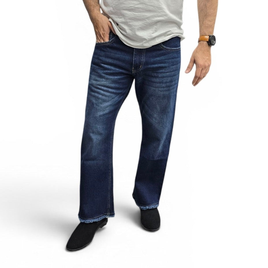 Midnight Indigo Semi Bootcut Jeans With Raw Hem Edition