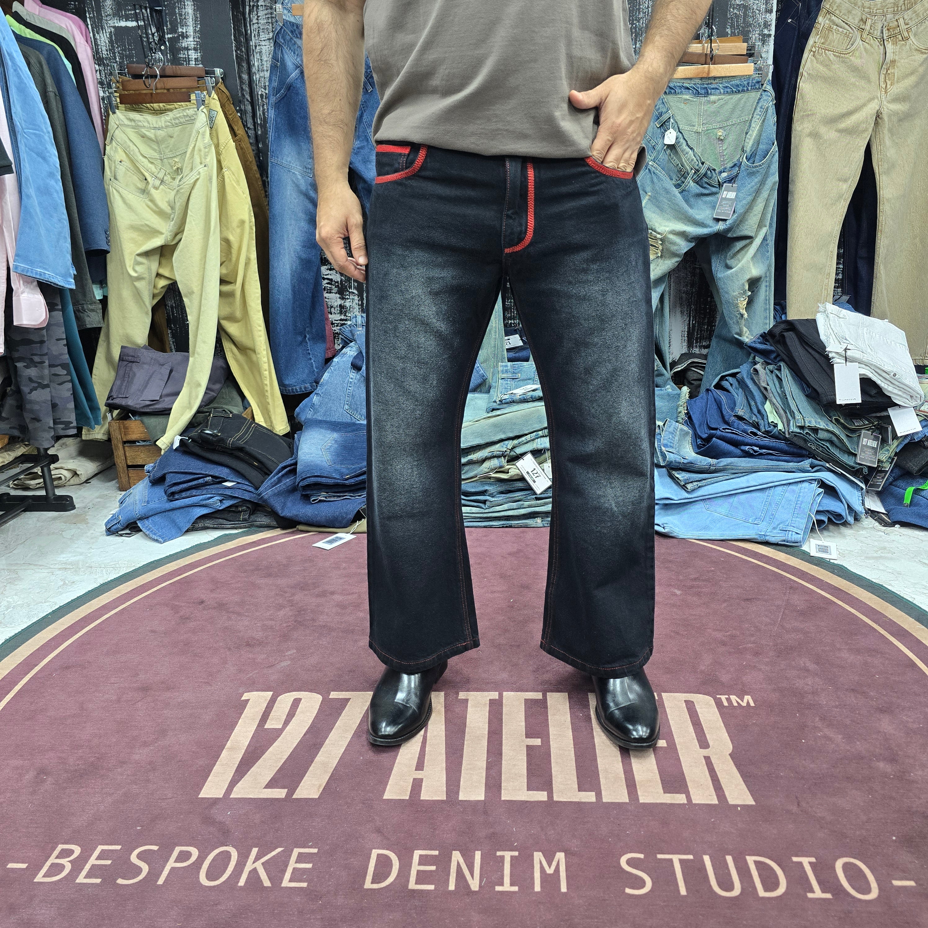 Black Bootcut Jeans With Red Stitch Detail