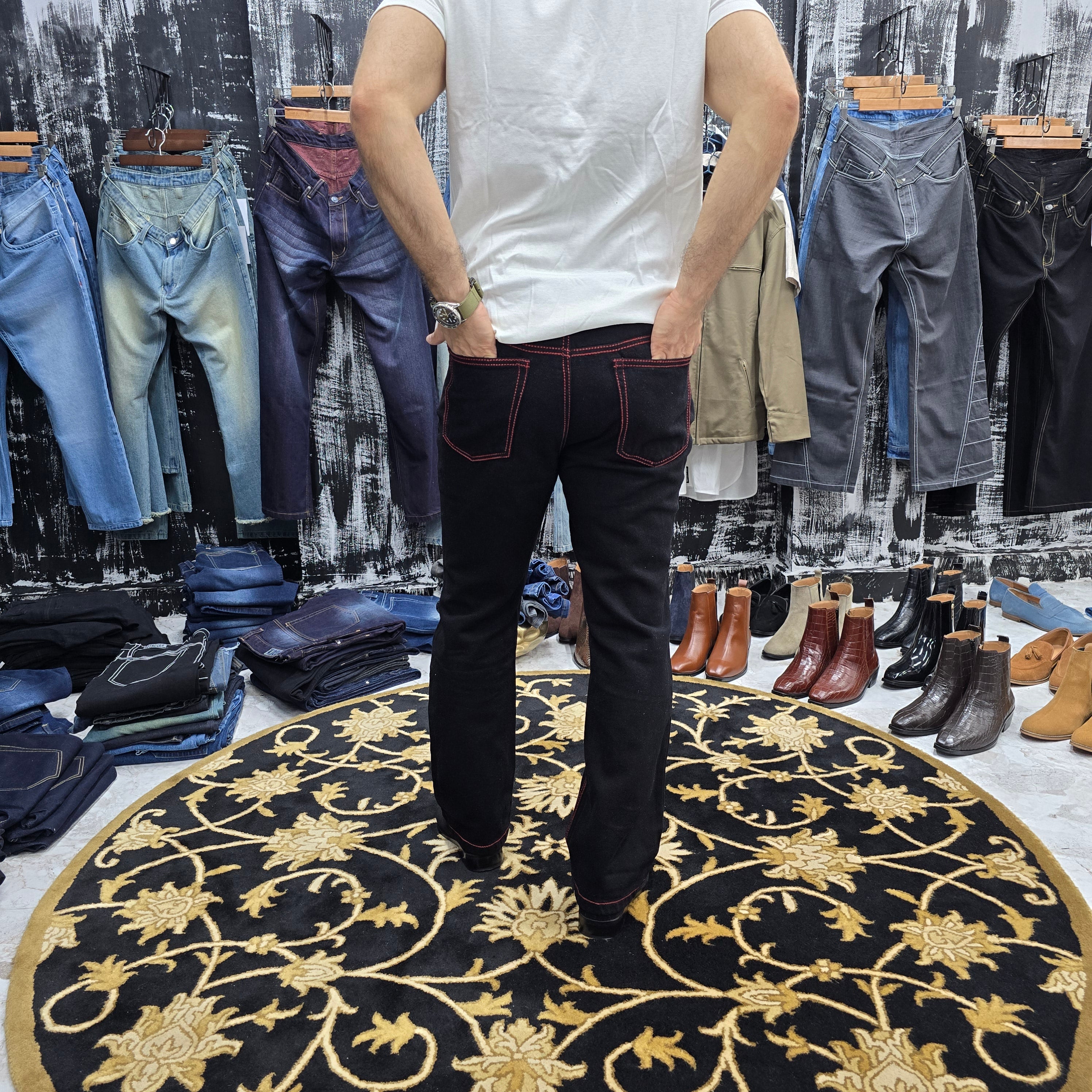Jet Black Semi Bootcut Jeans with Bold Red Contrast Stitching
