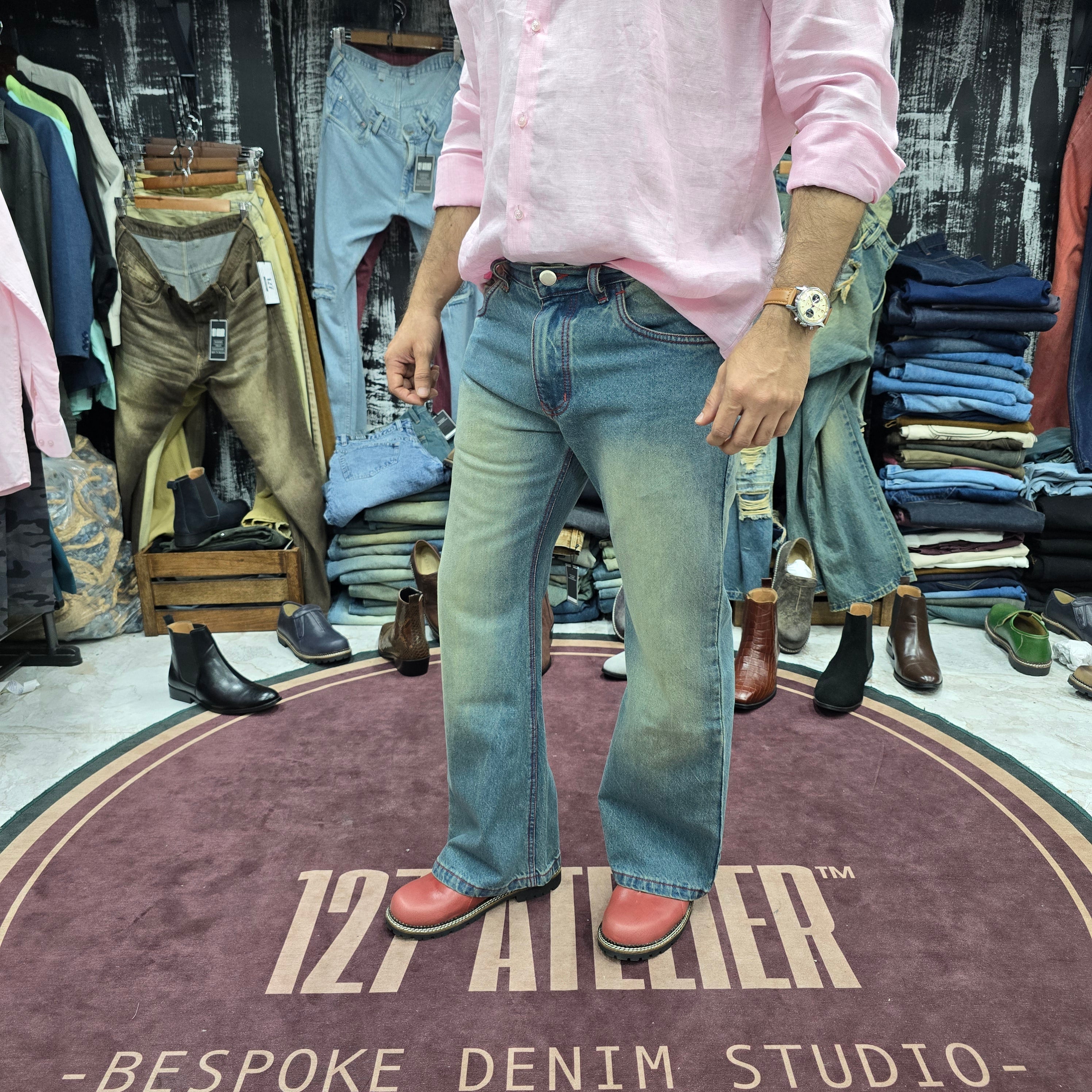 Vintage Monkey Wash Bootcut Jeans With Red Contrast stitching