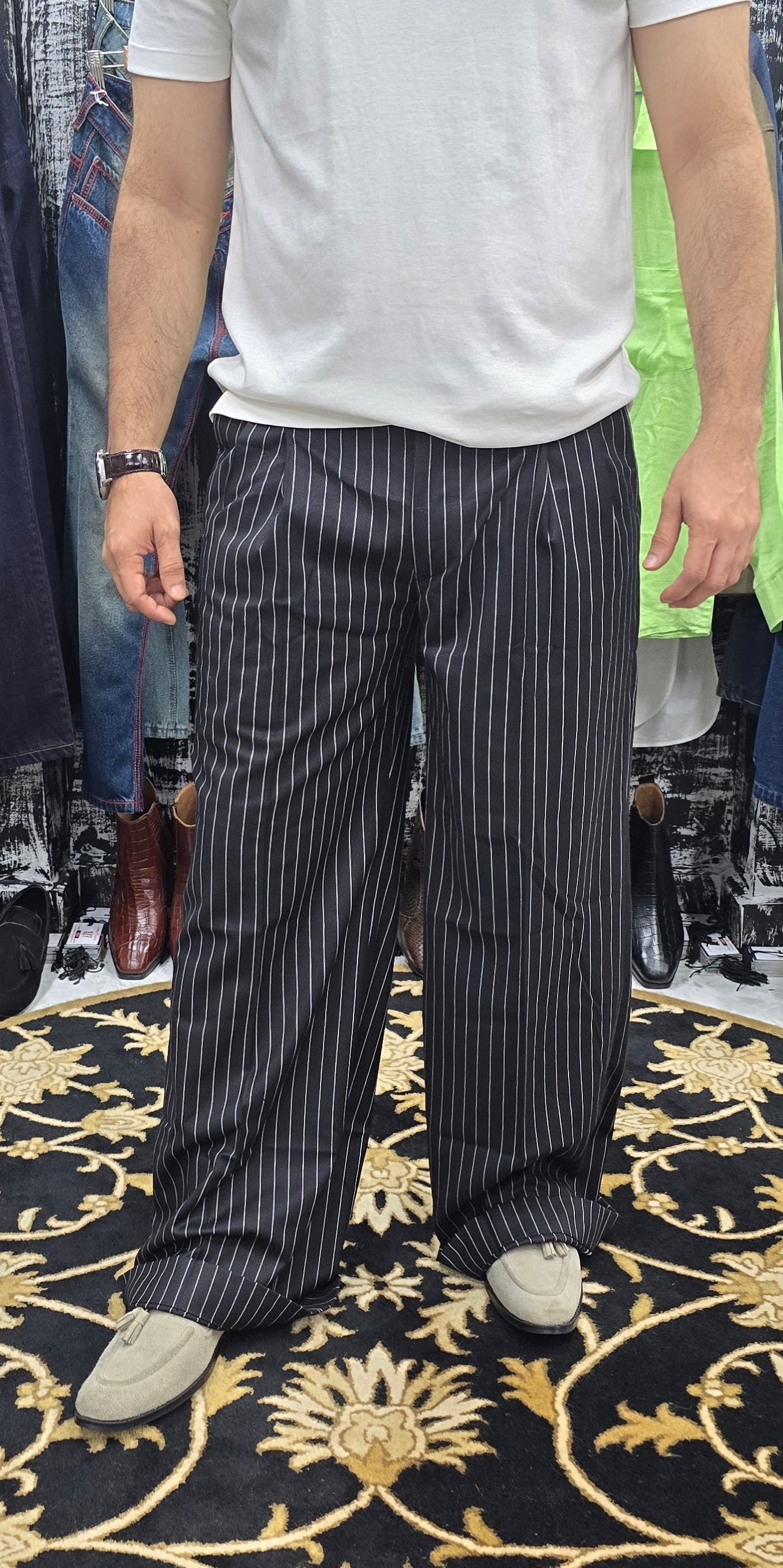 Midnight Pinstripe Wide Leg Trousers