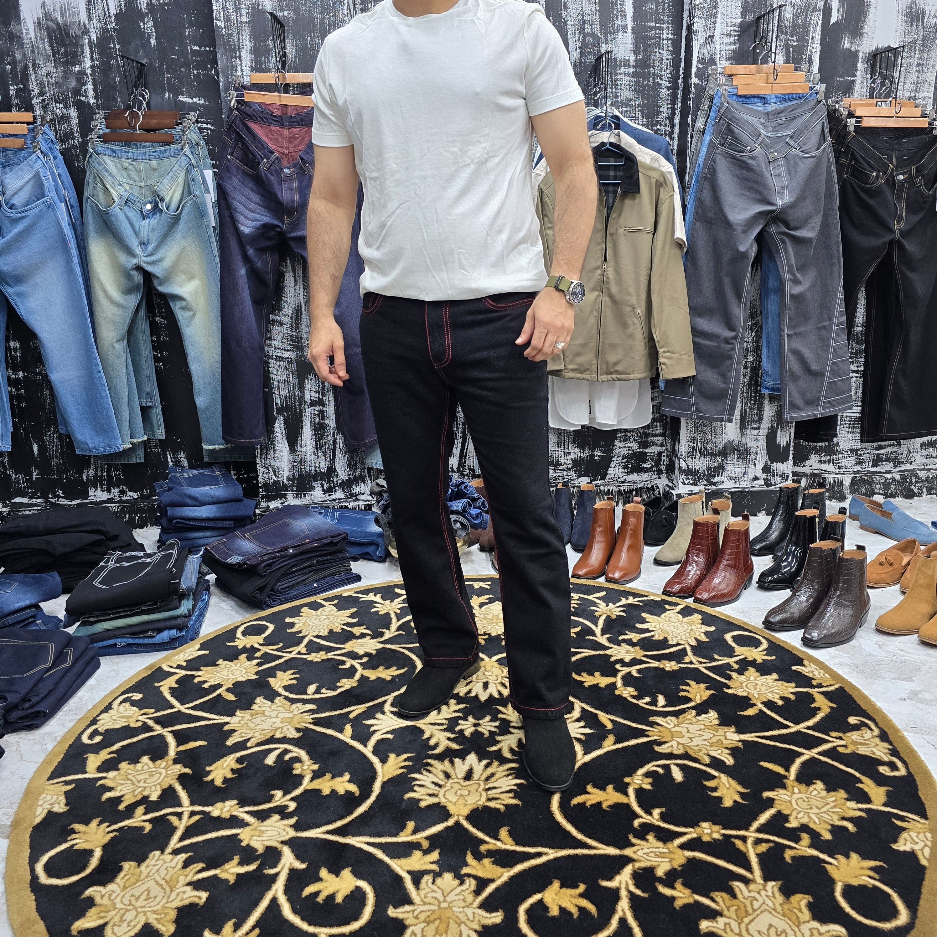 Jet Black Semi Bootcut Jeans with Bold Red Contrast Stitching