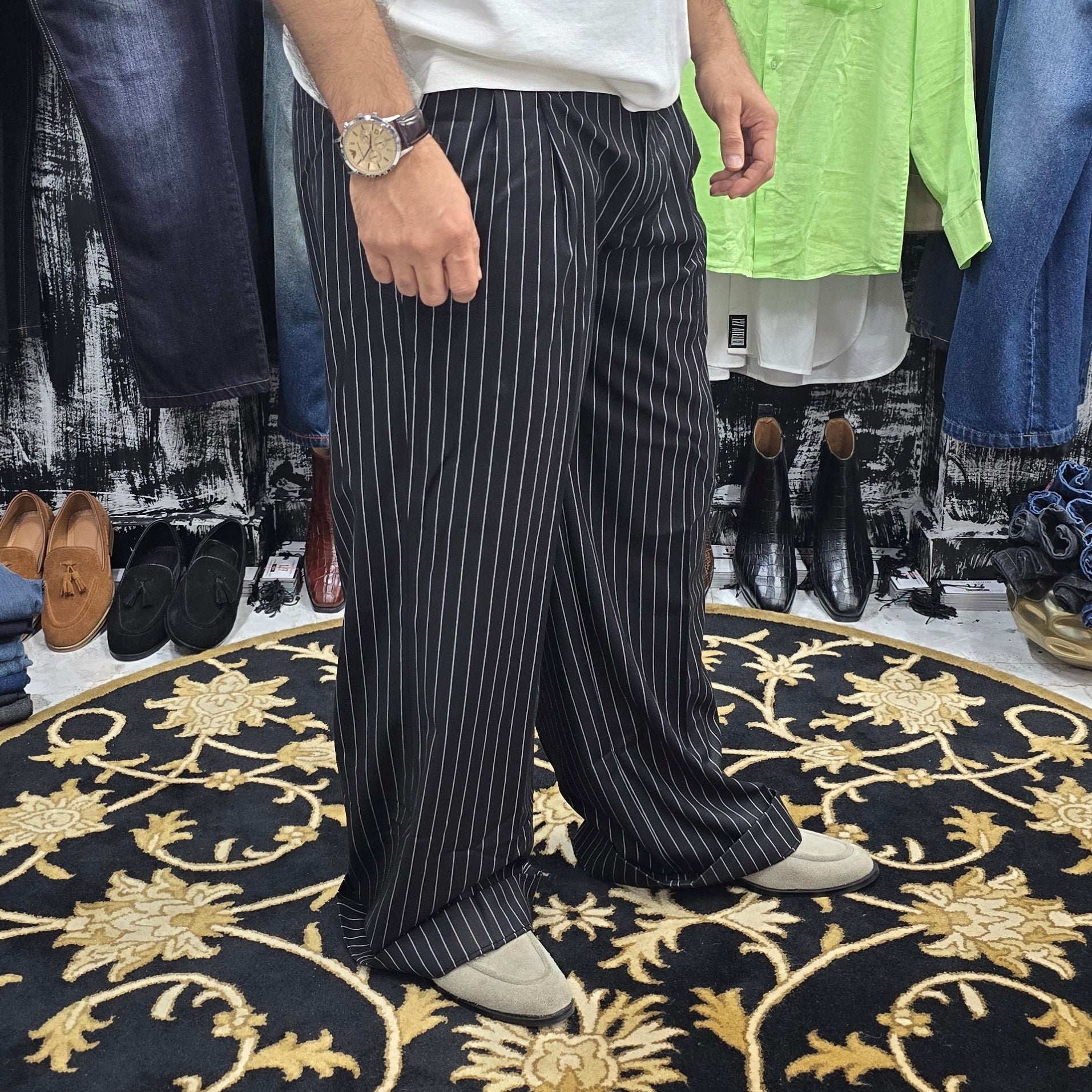 Midnight Pinstripe Wide Leg Trousers