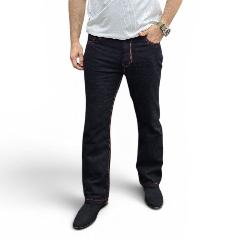 Jet Black Semi Bootcut Jeans with Bold Red Contrast Stitching