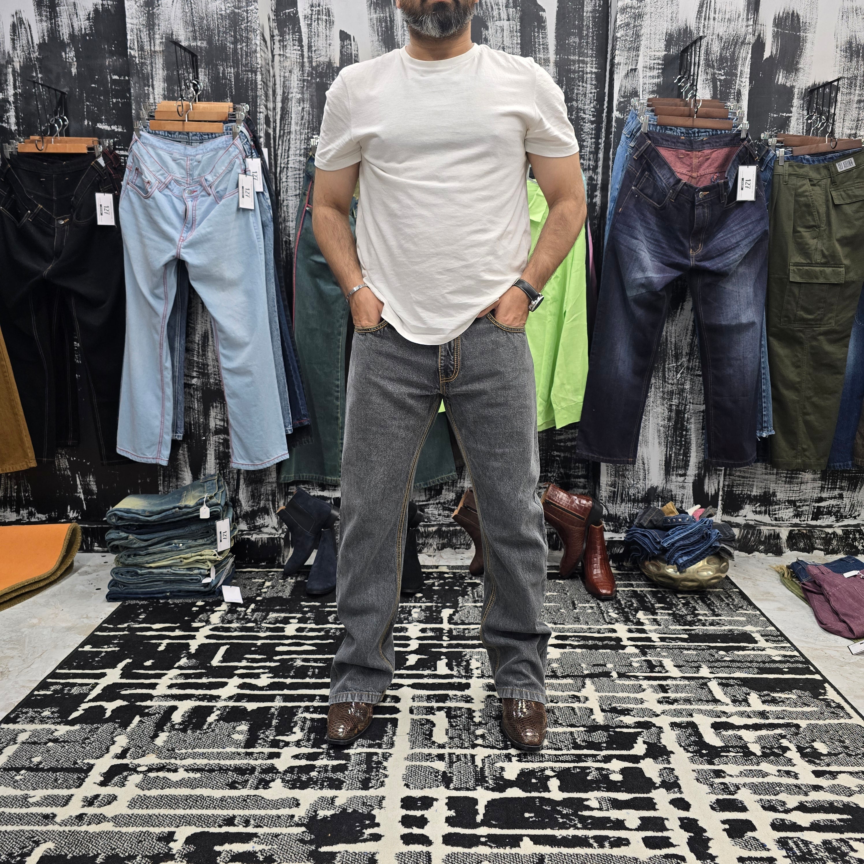 Ash Grey Vintage Wash Multifunctional Bottom Zip Jeans