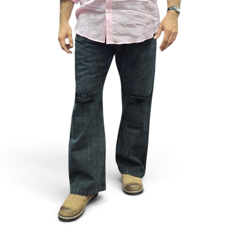 Charcoal Slub Bootcut Jeans with Distressed Knees