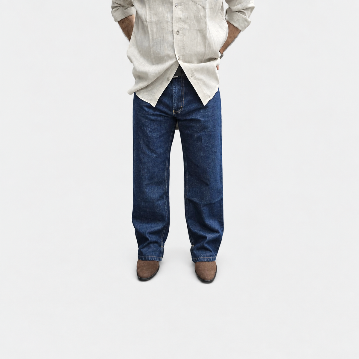 Midnight Raw Straight Wide-Leg Jeans with Inner Side Slit