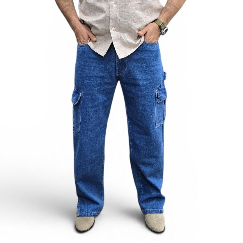 Classic Blue Cargo Wide-Leg Jeans with Bottom Slit