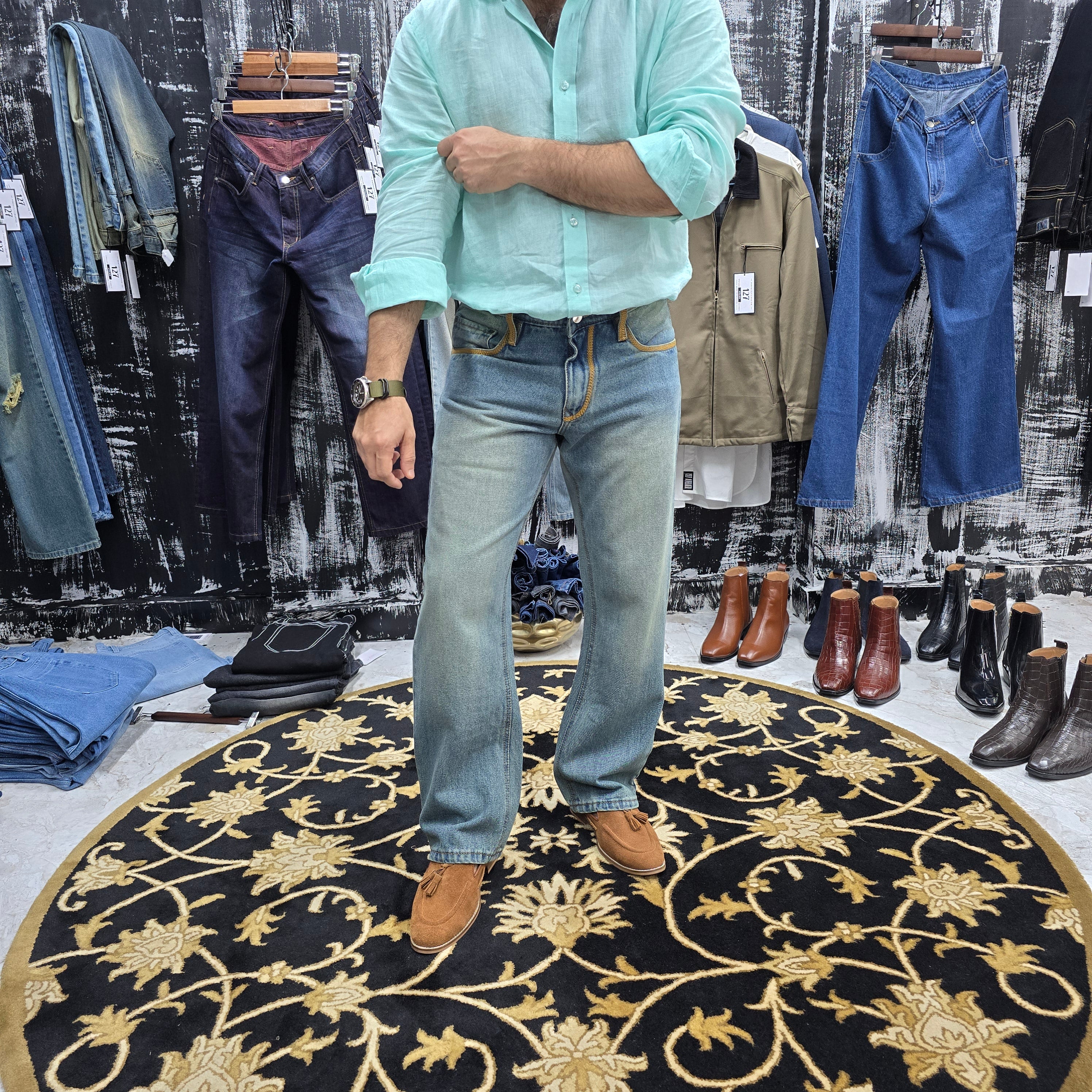 Vintage Sky Blue Jeans with Mustard Embroidered Detailing