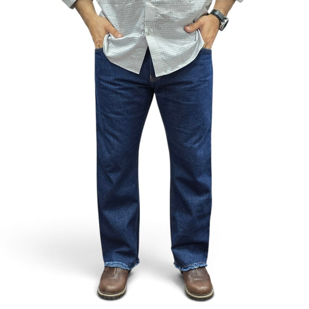 Deep Indigo Straight Fit Jeans With Rugged Frayed Hem