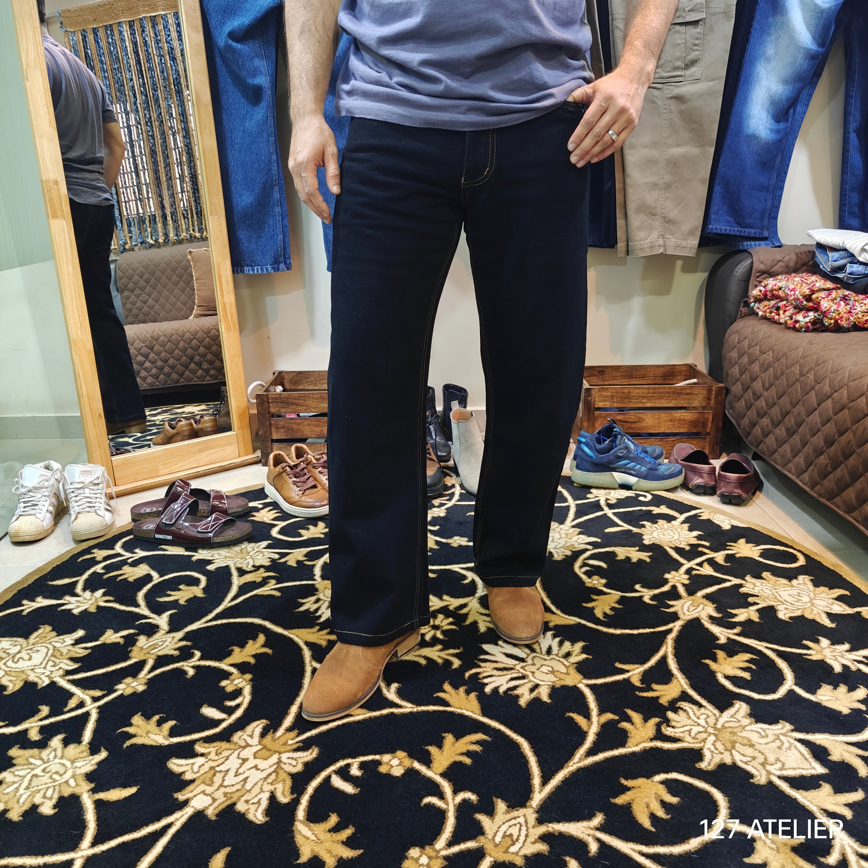 Jet Black Semi Bootcut Jeans With Contrast Stitch Edition