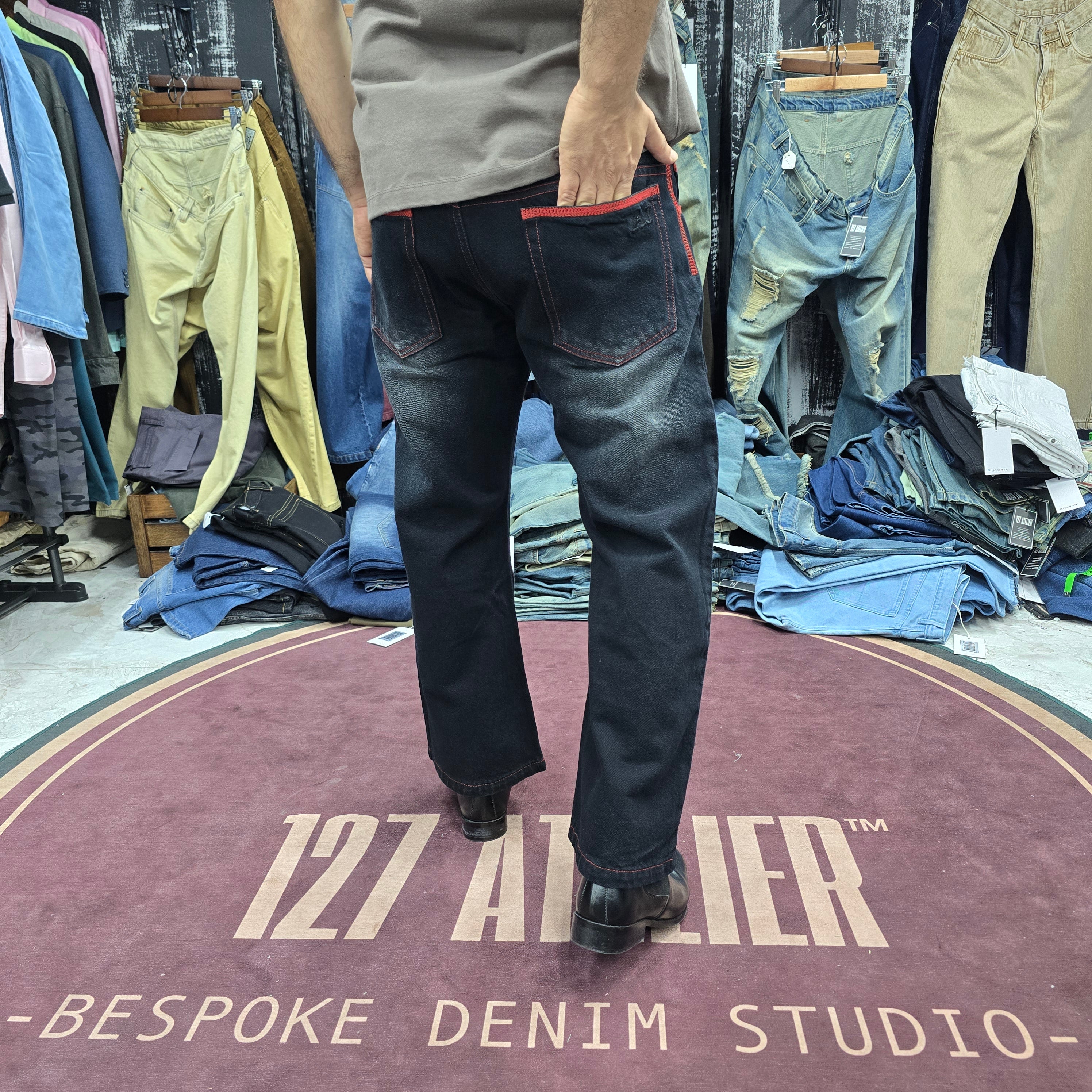 Black Bootcut Jeans With Red Stitch Detail