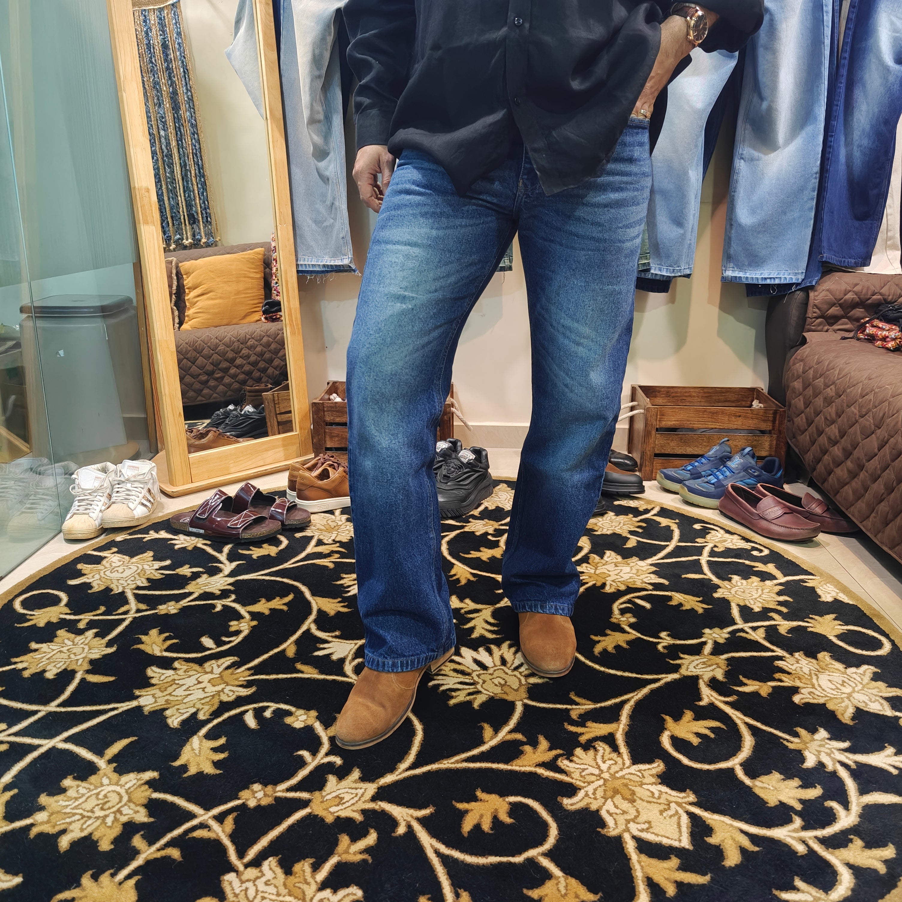 Classic Blue Semi Bootcut Jeans Whiskers Effect