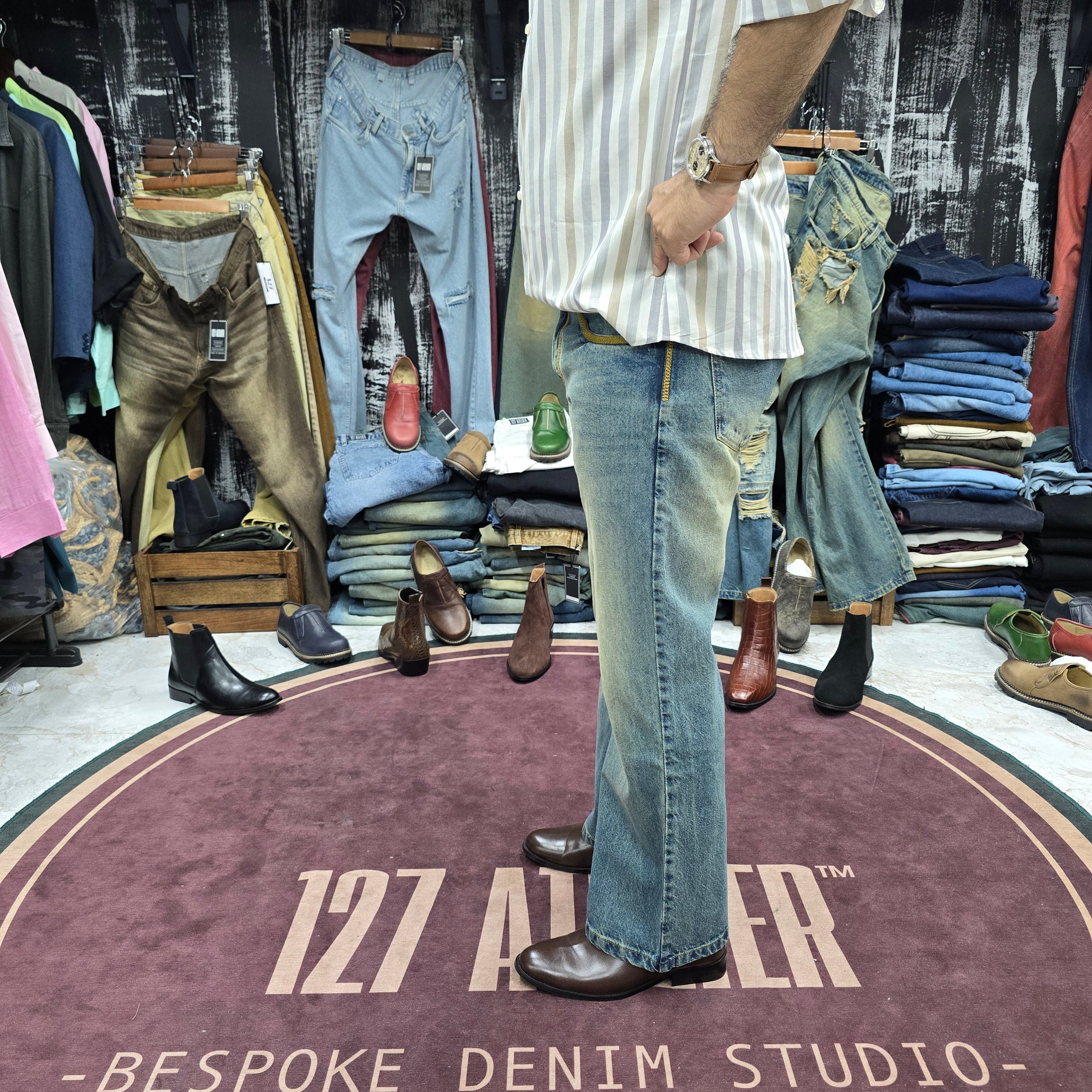 Dirty Blue Flared Bootcut Jean with Hand-Stitched Contrast Embroidery