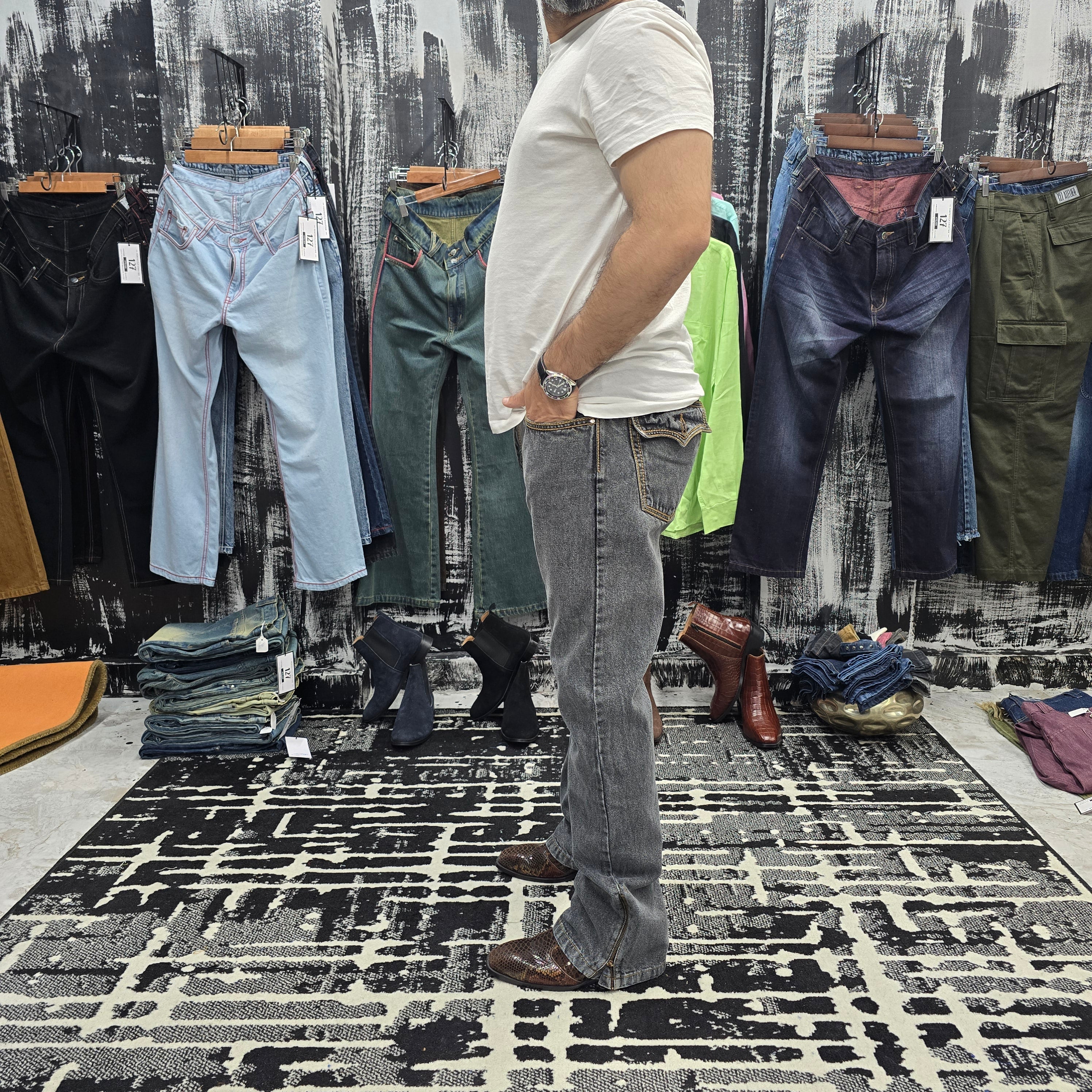 Ash Grey Vintage Wash Multifunctional Bottom Zip Jeans