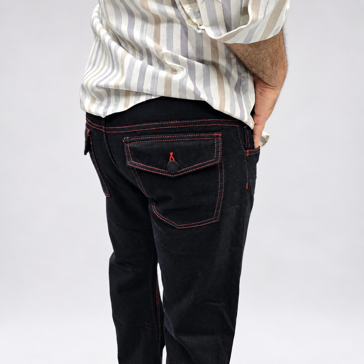Jet Black Semi Bootcut Jeans with Red Contrast Stitching