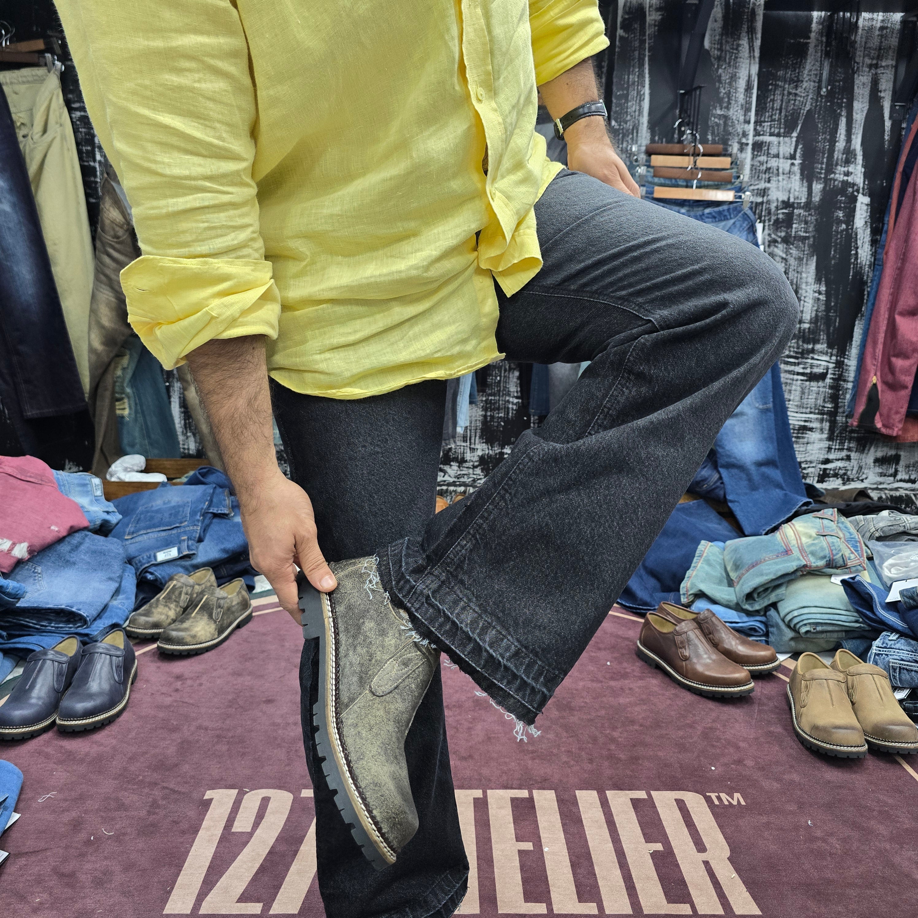 Charcoal Black Vintage Bootcut Jeans with Open Raw Hem