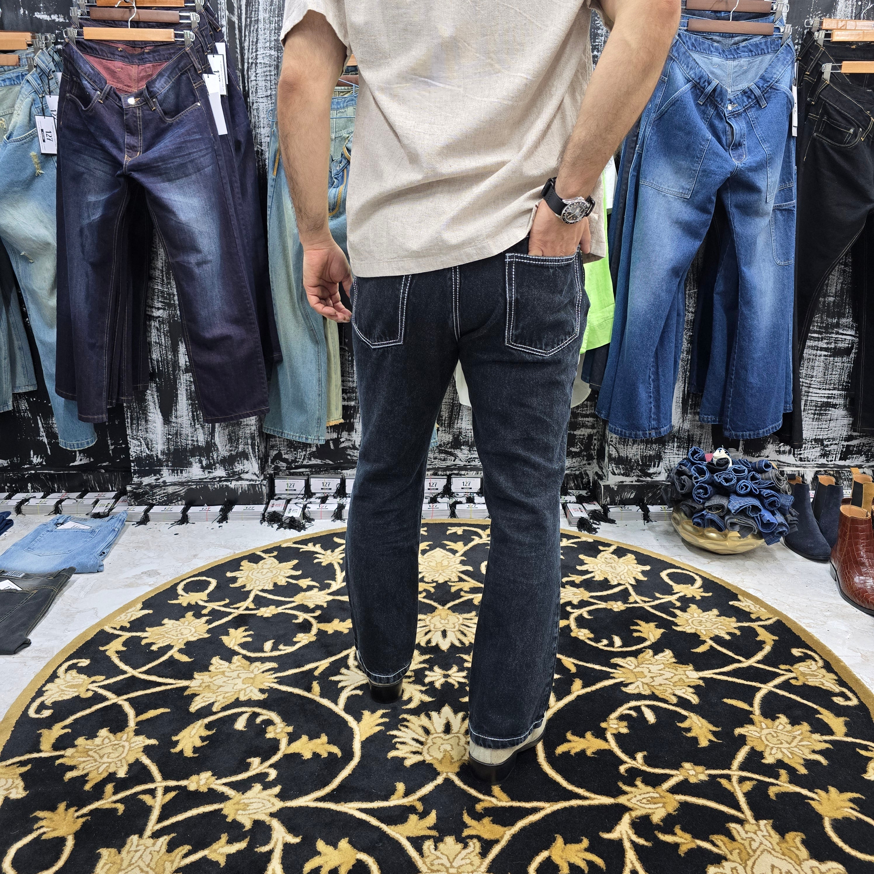 Midnight Black Semi Bootcut Jeans with Bold Contrast Stitching