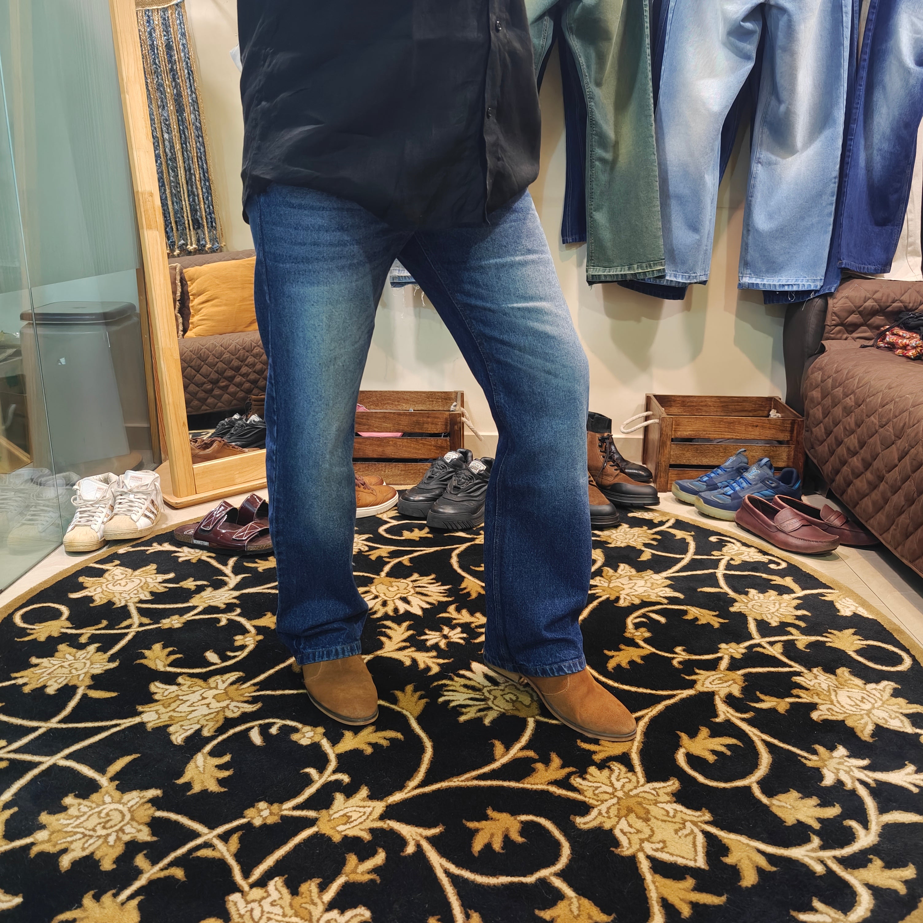 Classic Blue Semi Bootcut Jeans Whiskers Effect