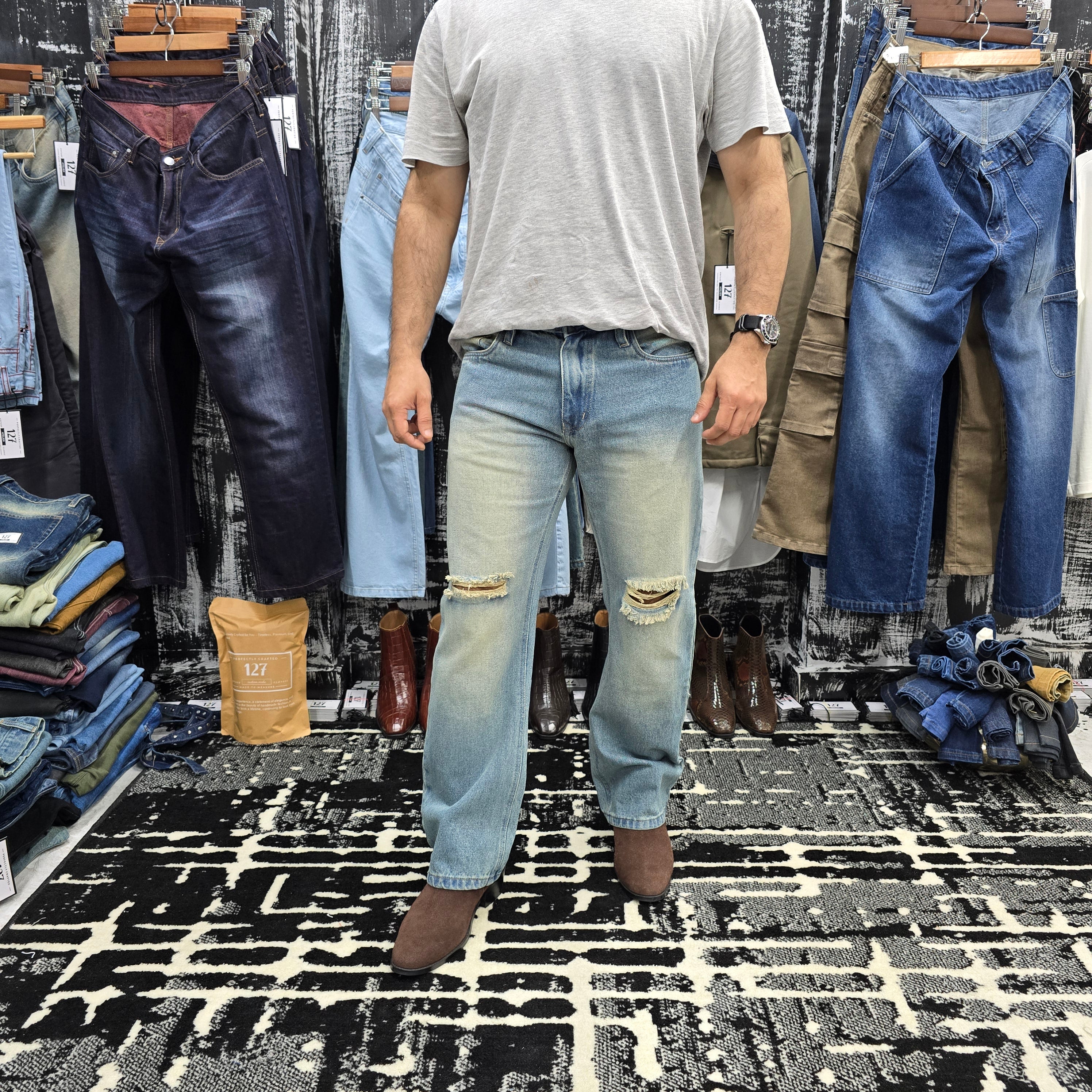 Ice Blue Distressed Semi Bootcut Jeans