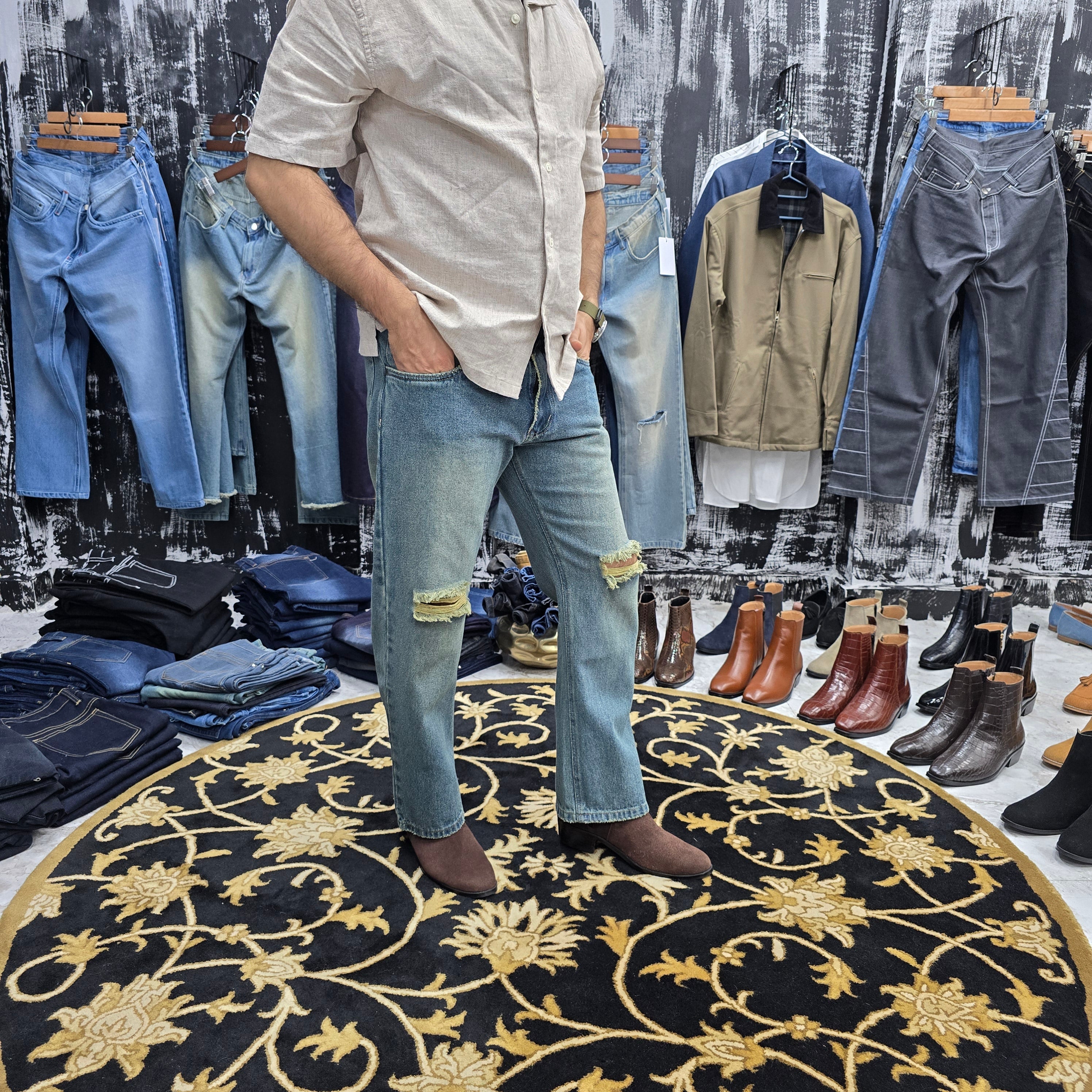 Vintage Fade Ripped Straight Jeans