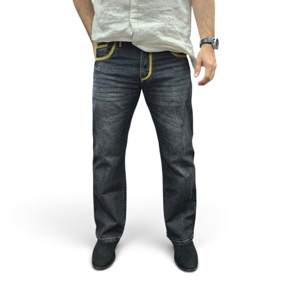 Charcoal Side Stripe Embroidered Straight cut Jeans