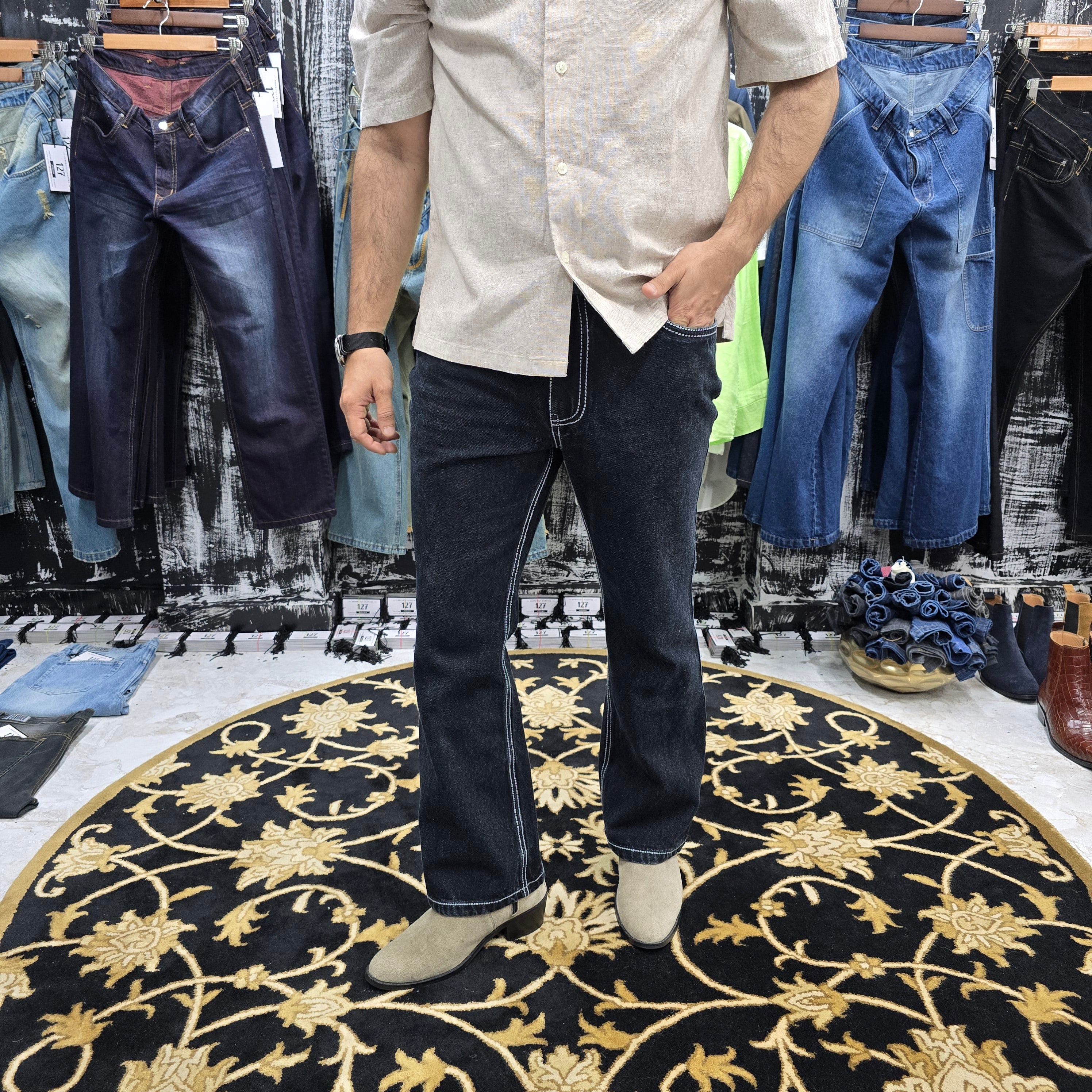 Midnight Black Semi Bootcut Jeans with Bold Contrast Stitching