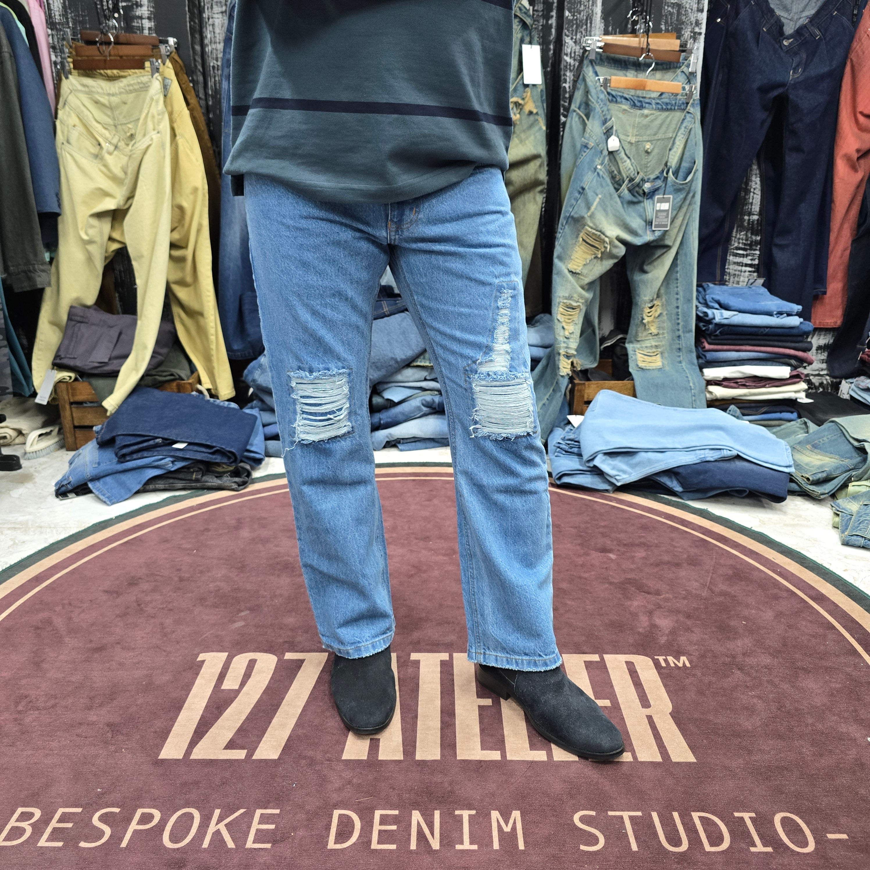 Straight Fit Distressed Jeans In Light Blue Wash