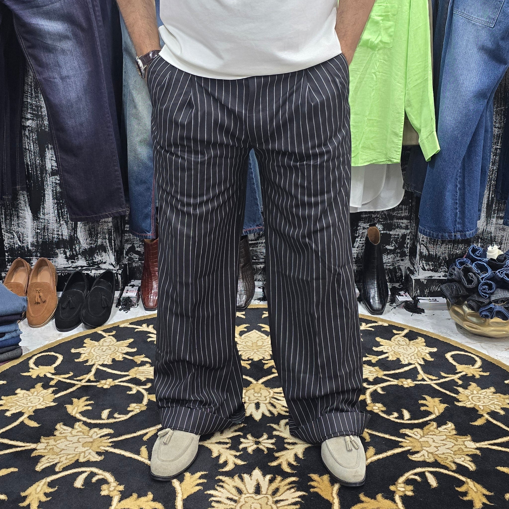 Midnight Pinstripe Wide Leg Trousers