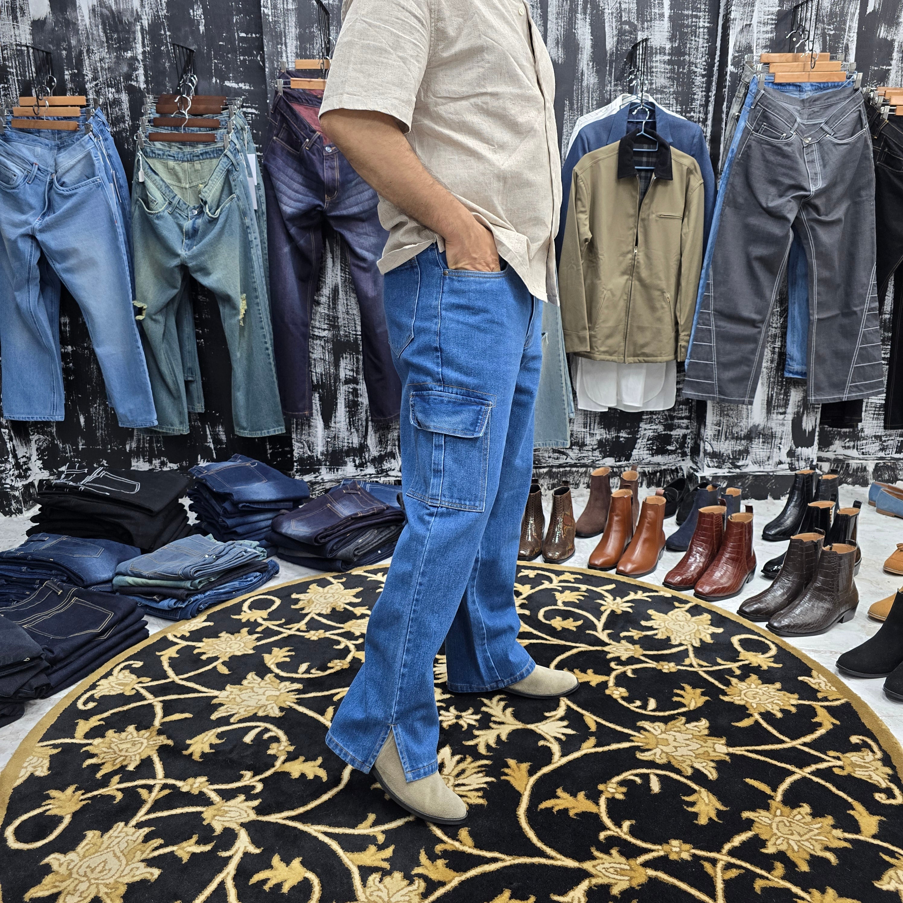 Classic Blue Cargo Wide-Leg Jeans with Bottom Slit