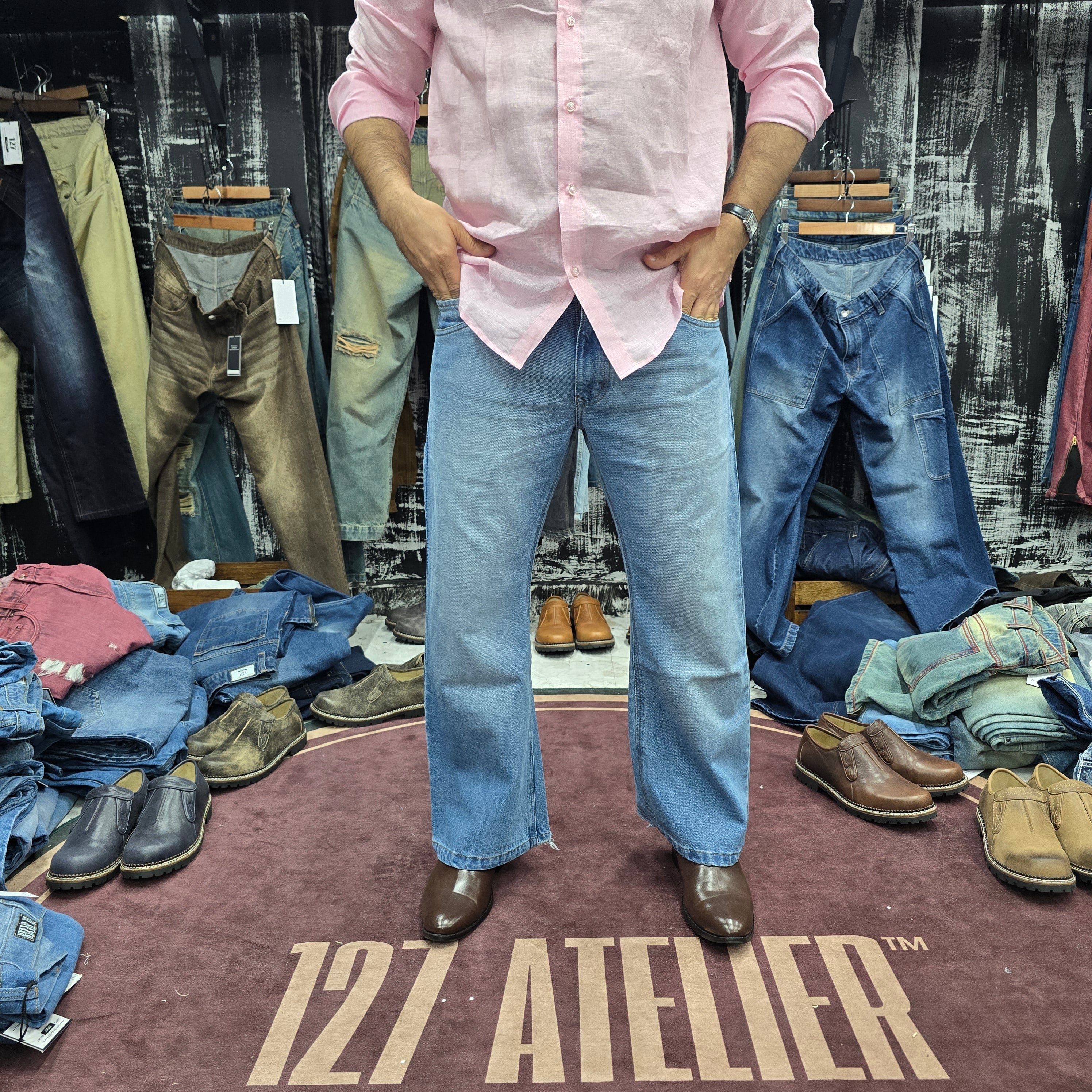 Sky Blue Vintage Bootcut Jeans with Asymmetric Hem