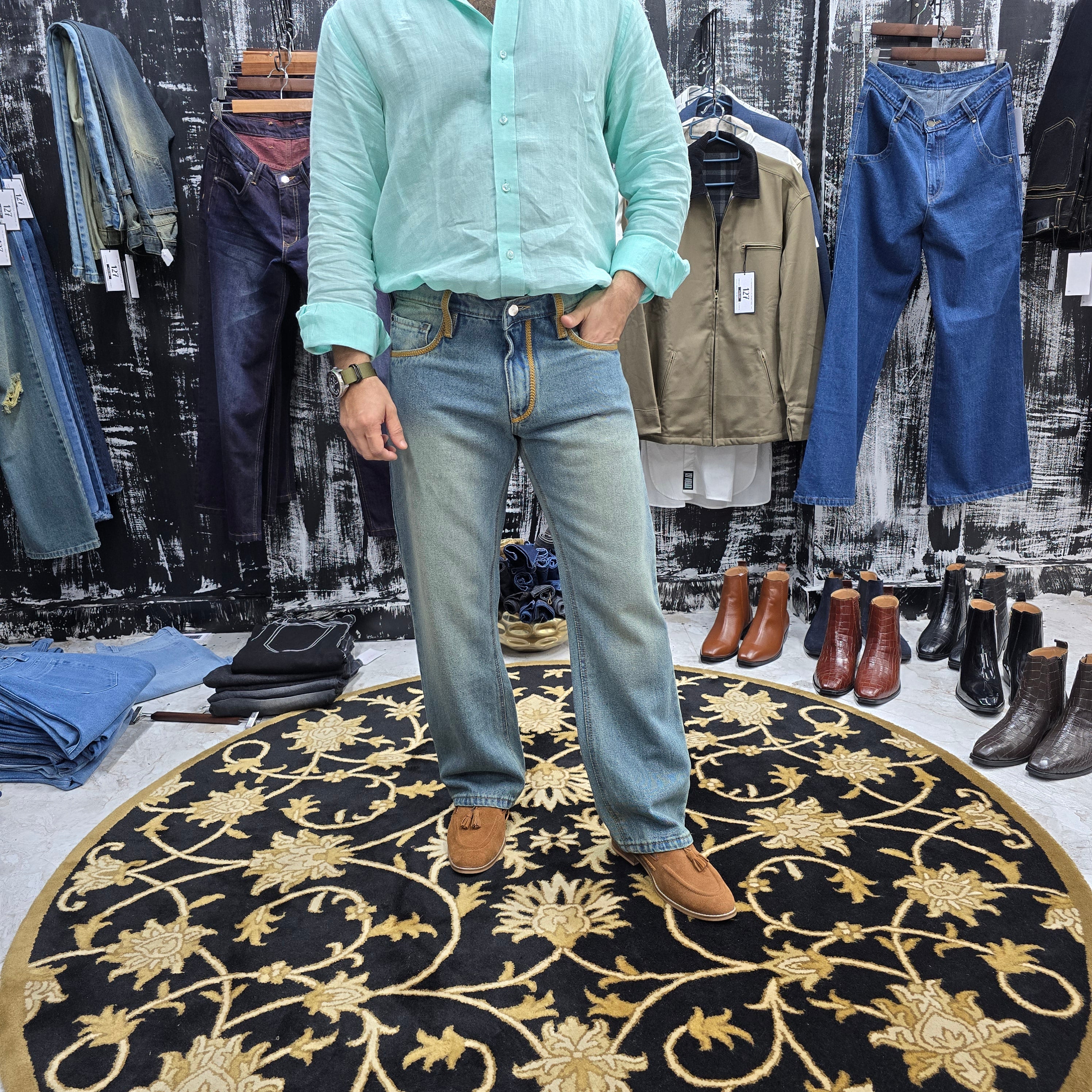 Vintage Sky Blue Jeans with Mustard Embroidered Detailing