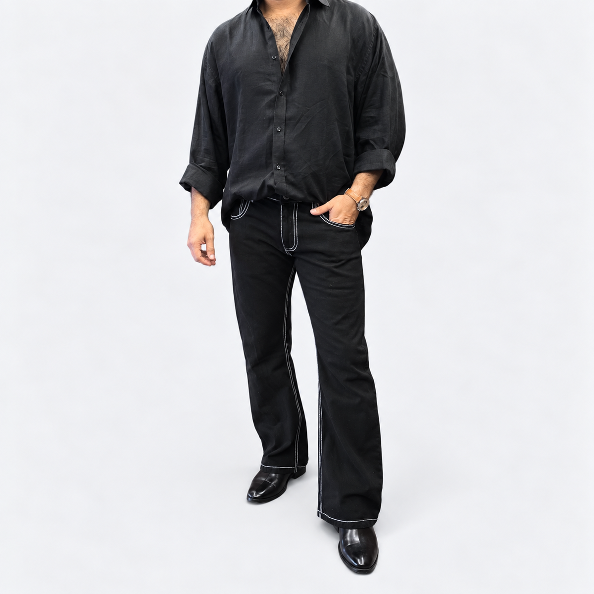 Jet Black Contrast Stitch Bootcut Jeans