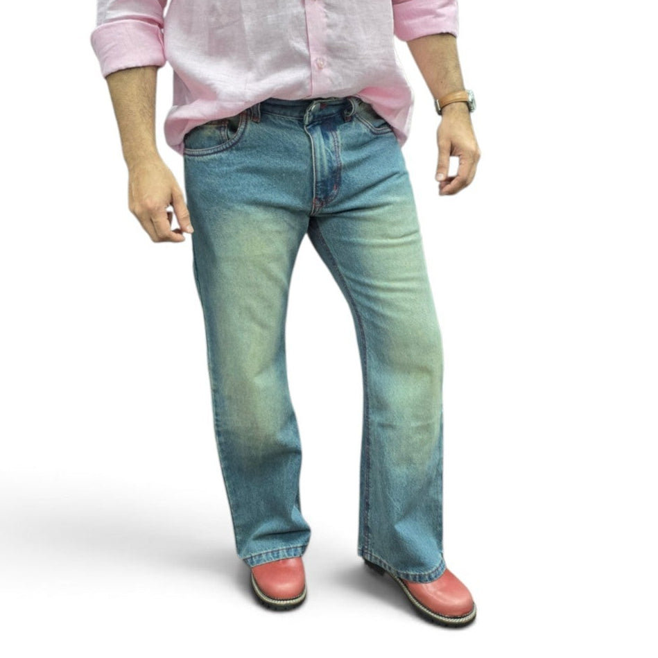 Vintage Monkey Wash Bootcut Jeans With Red Contrast stitching