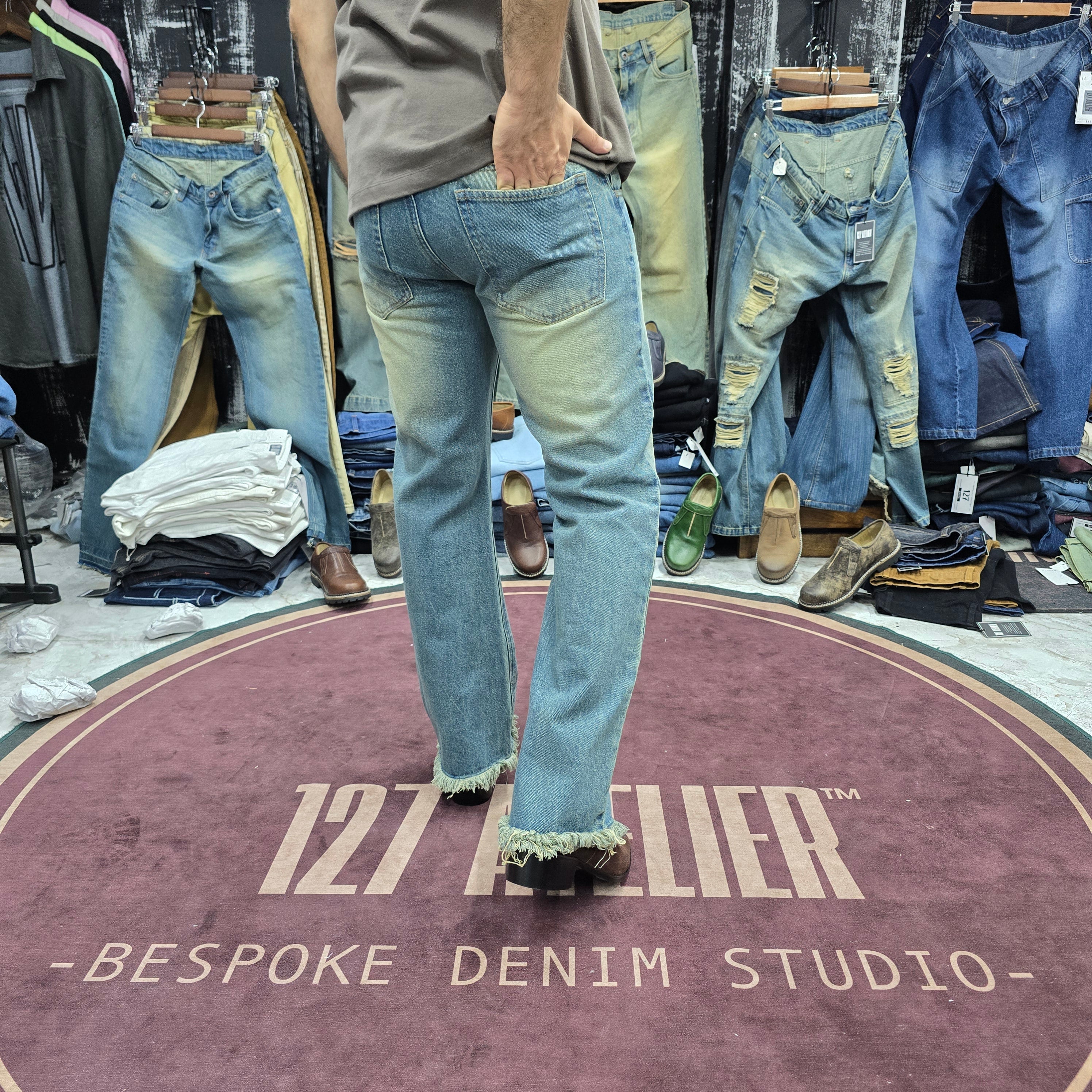 Vintage Light Blue Semi Bootcut Jeans With Rugged Frayed Hem